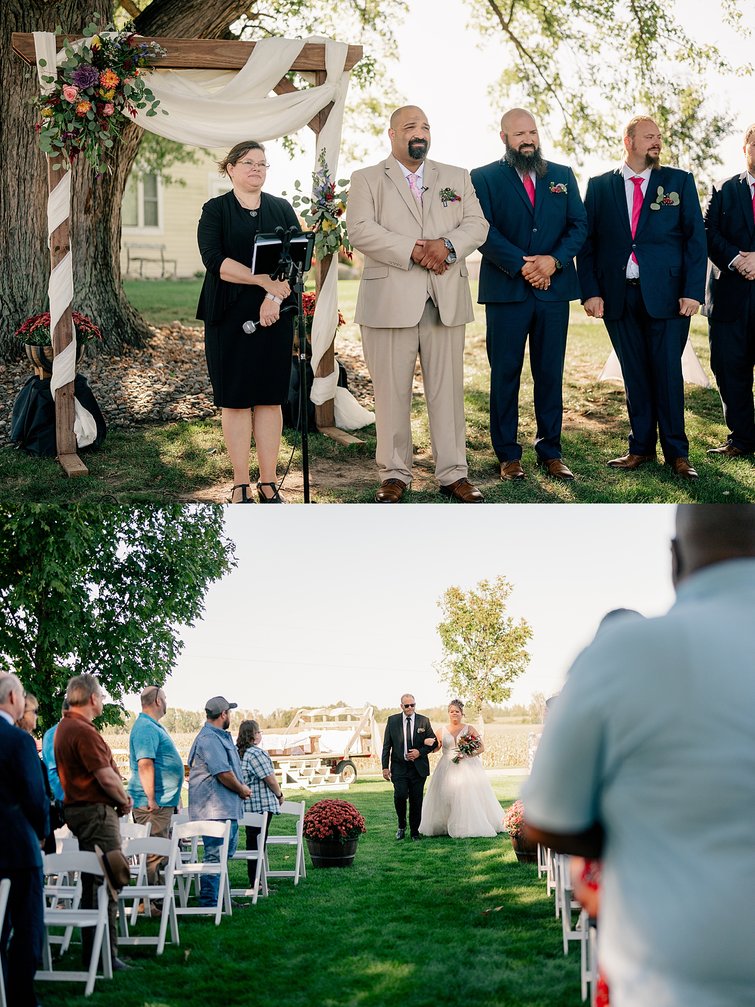 man stands at outdoor alter watching bride walk down the aisle at Historic Deglman Farm