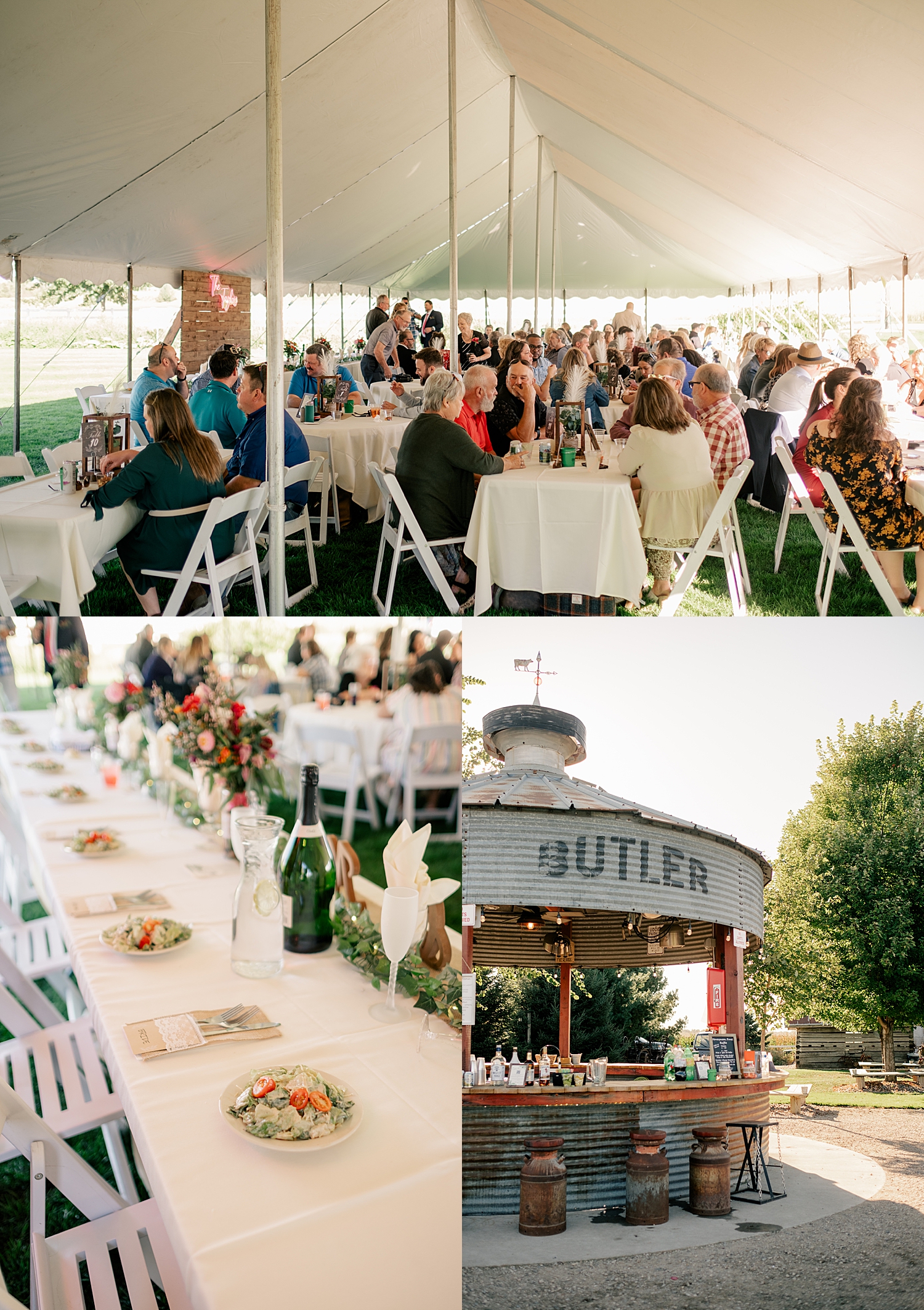 guests sit at long tables under a big white tent by Rule Creative Co