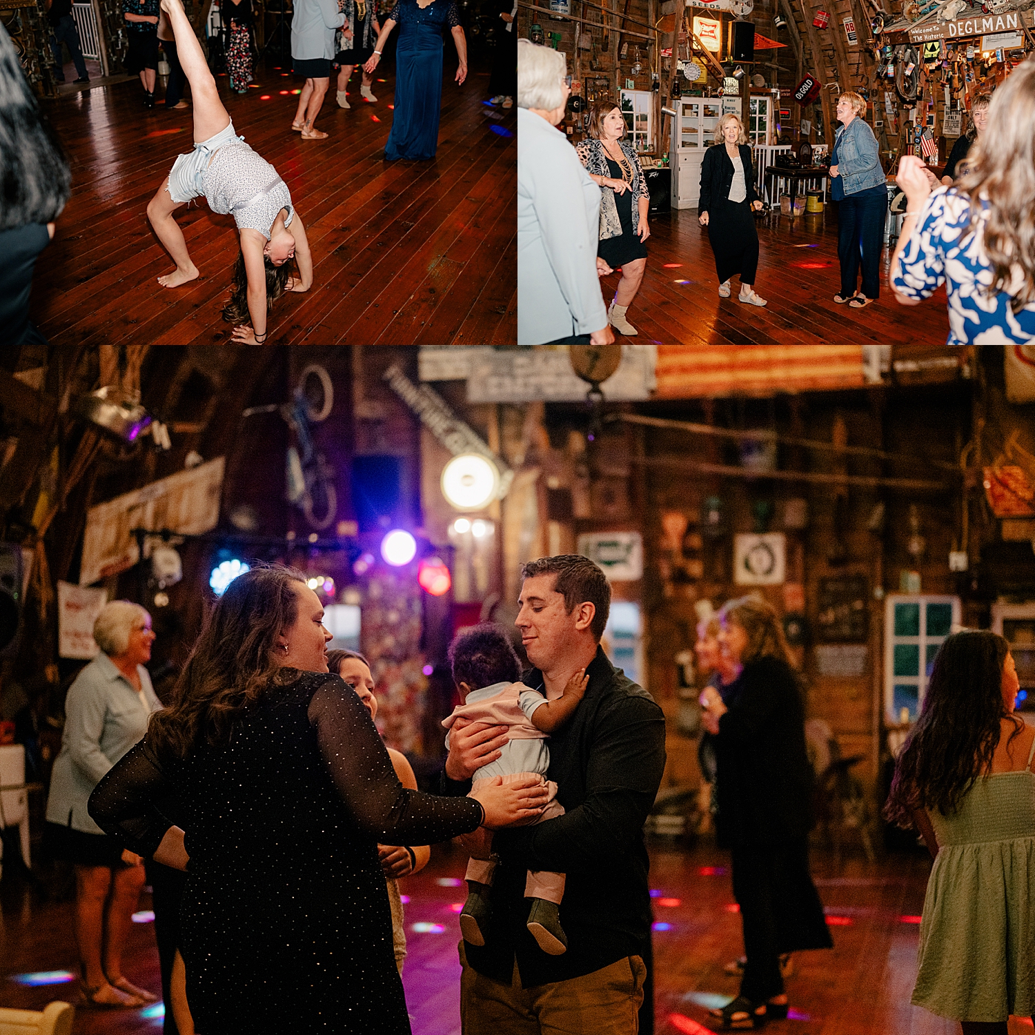 guests dance under lights on the reception floor at Historic Deglman Farm