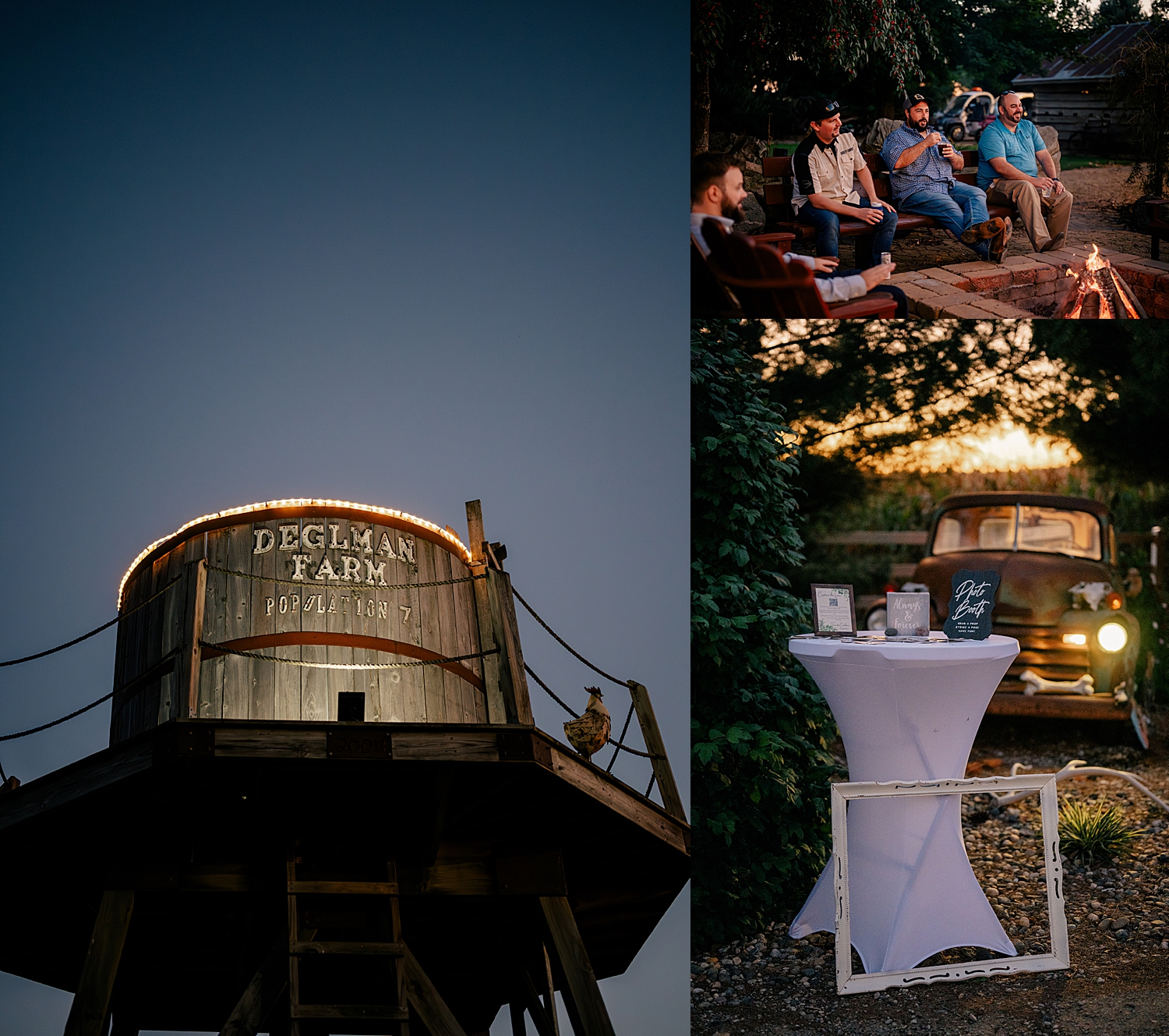 guests enjoy sunset by the fire pit by Minnesota wedding photographer
