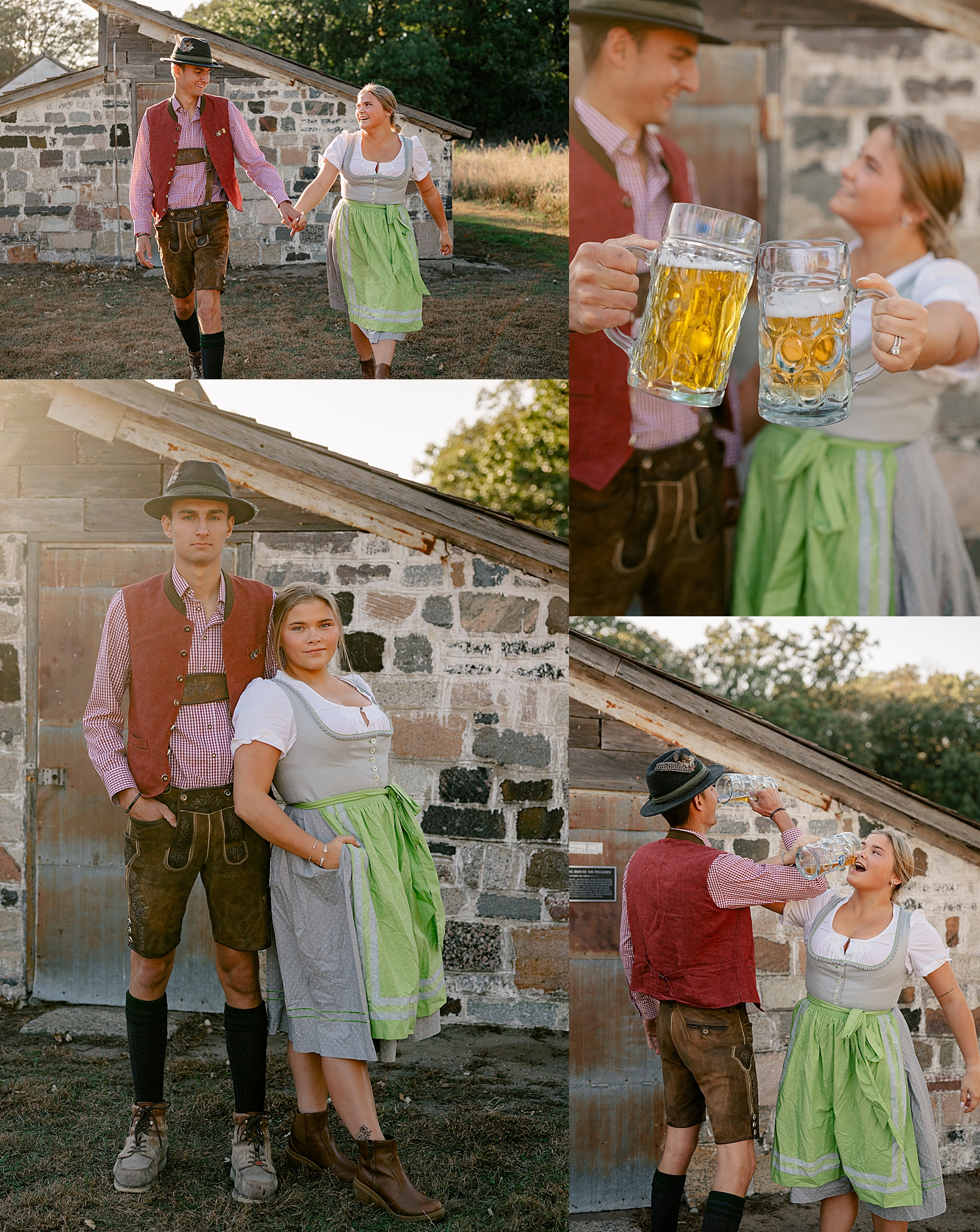 couple in traditional german outfits Prost their beer for sunset engagement session