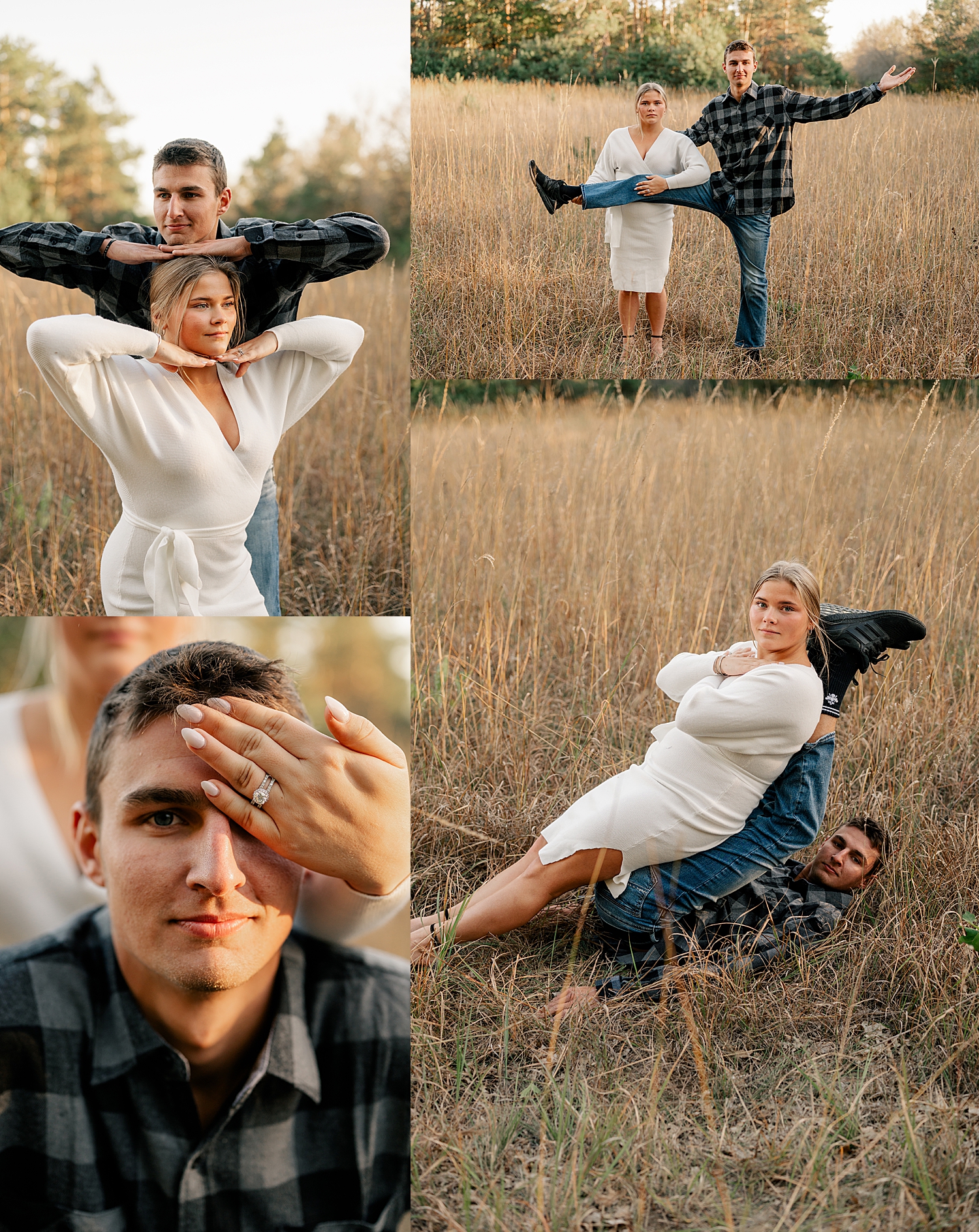 couple does goofy poses together in a field by Rule Creative Co