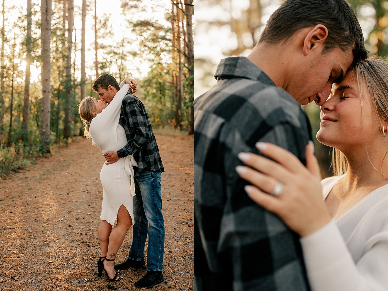 man and woman share a kiss in the forest in golden hour by Minnesota wedding photographer