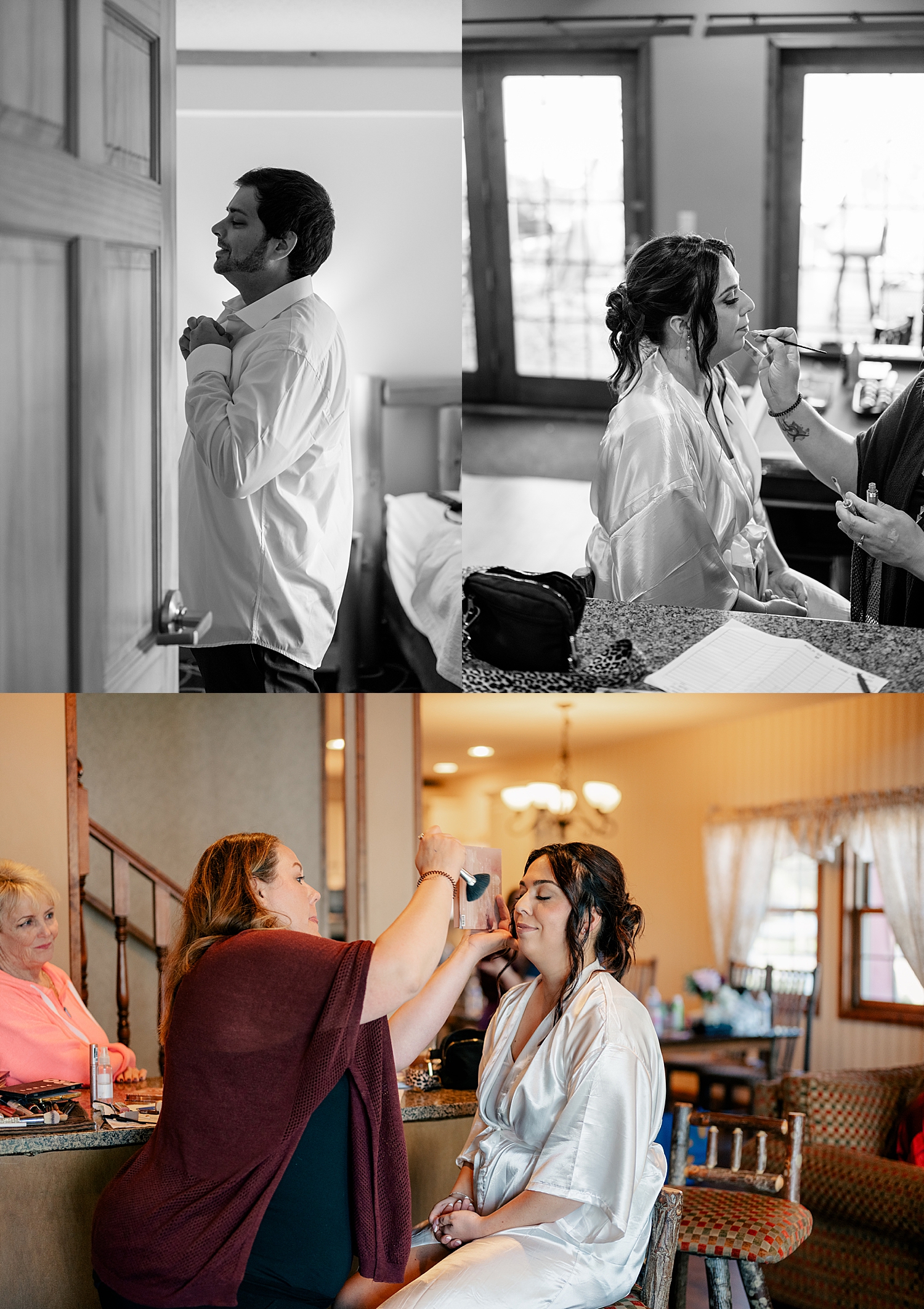 bride gets makeup applied in wooden chair by Minnesota wedding photographer