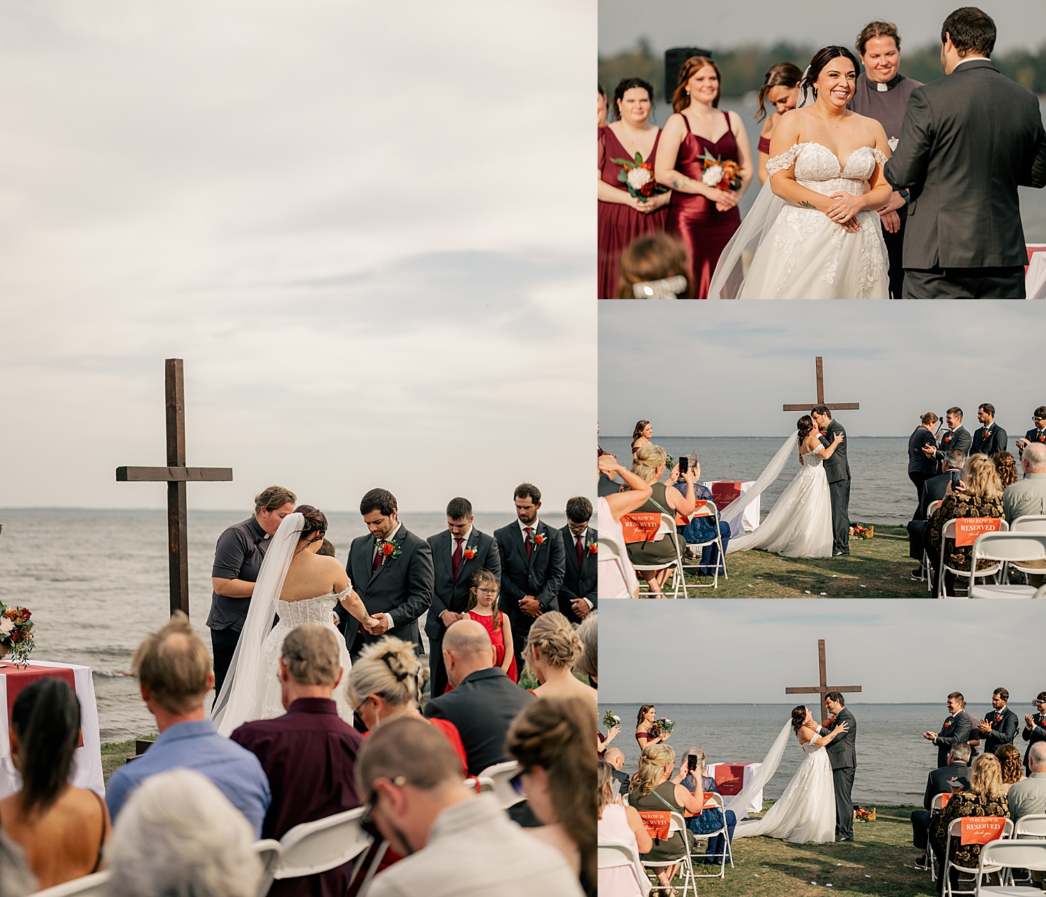 bride and groom bow heads in prayer during ceremony by Minnesota wedding photographer
