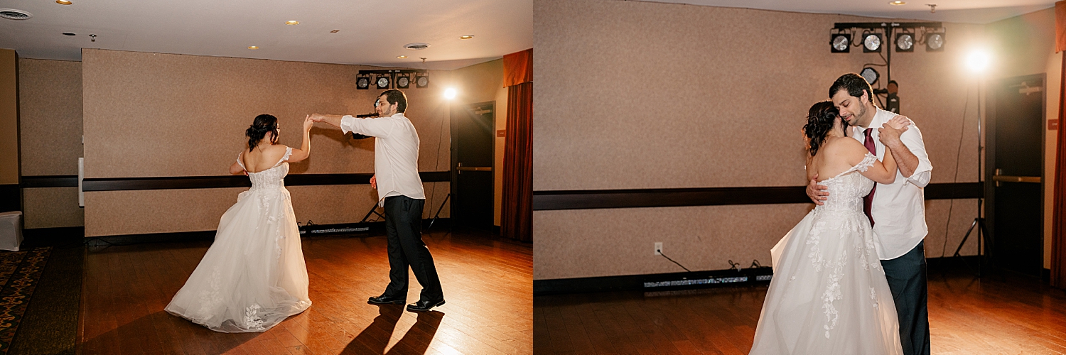 bride and groom share a first dance in quiet room at Breezy Point venue