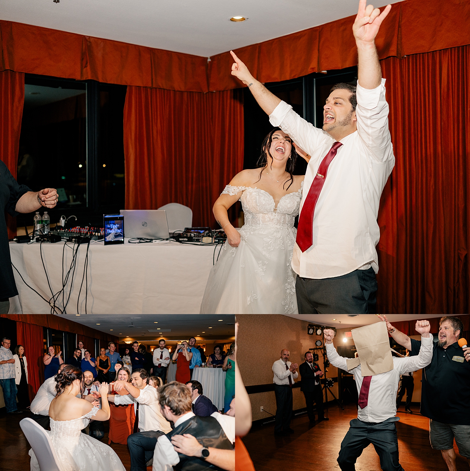 groom throws his hands up to dance with guests by Minnesota wedding photographer