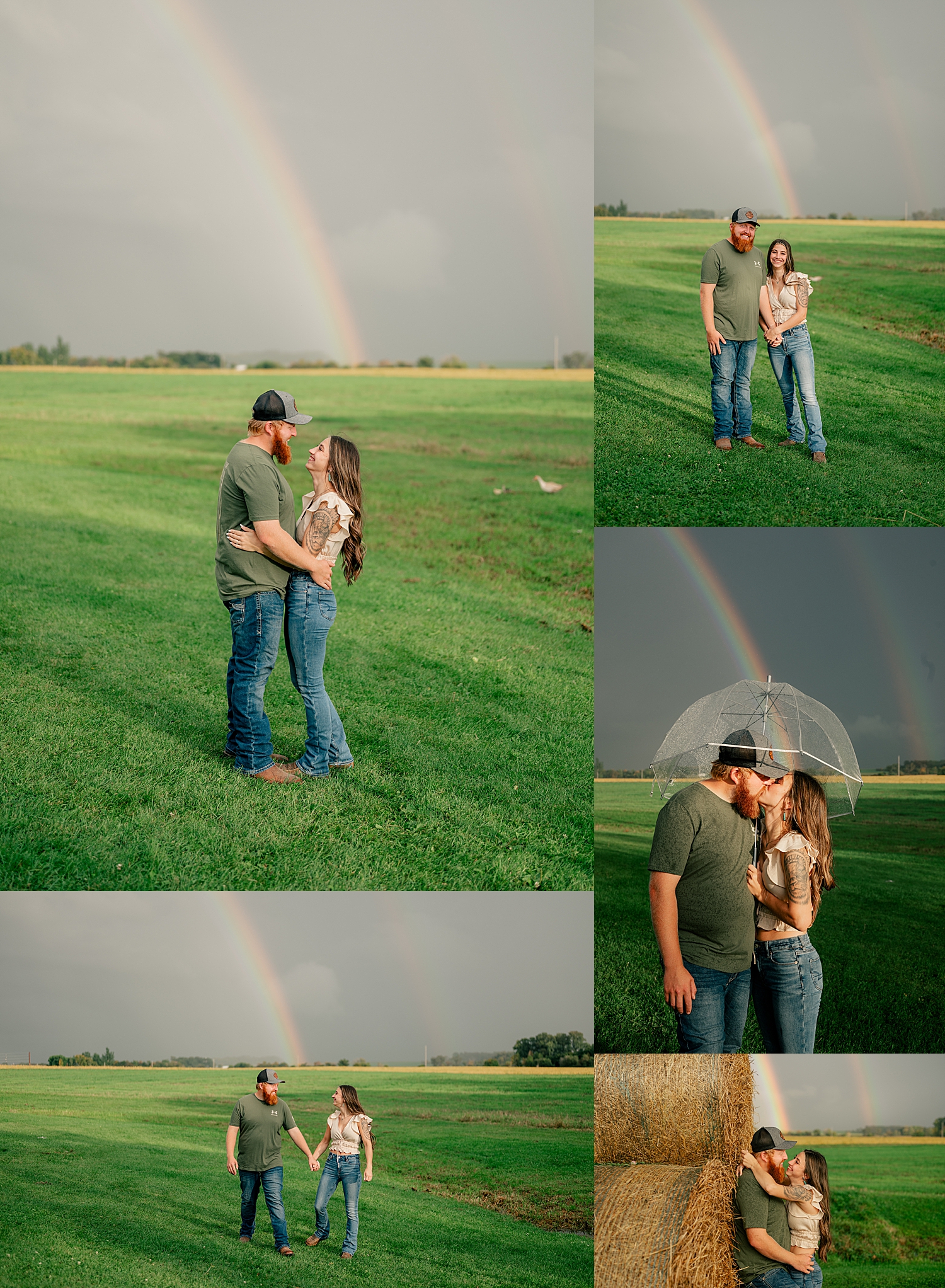 couple stand in field under stormy skies for double rainbow engagement session