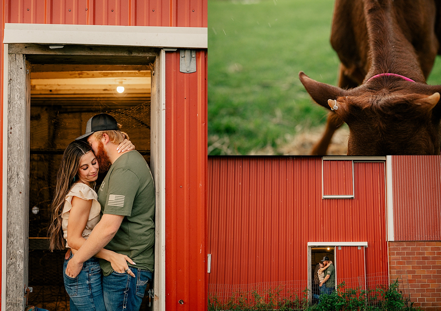 fiances share a kiss in doorway of red barn by Minnesota wedding photographer