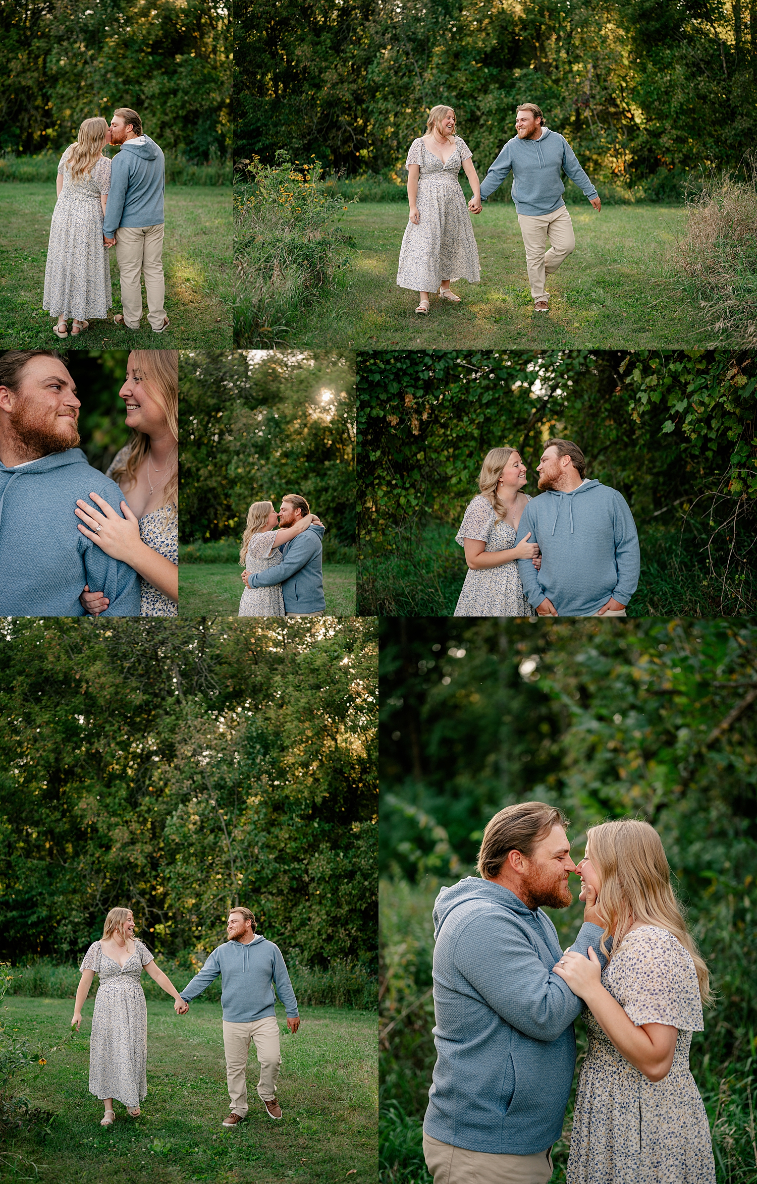 engaged couple walk through a field together by Minnesota wedding photographer