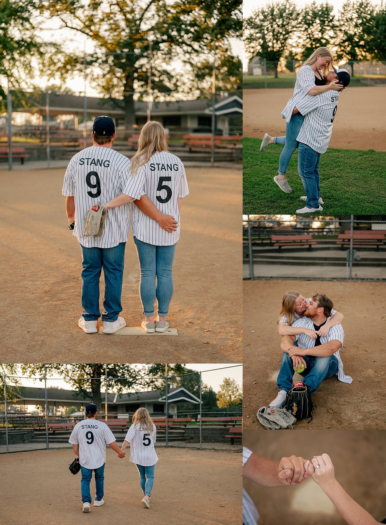 two people in matching jerseys share a kiss on sand for engagement session at baseball field