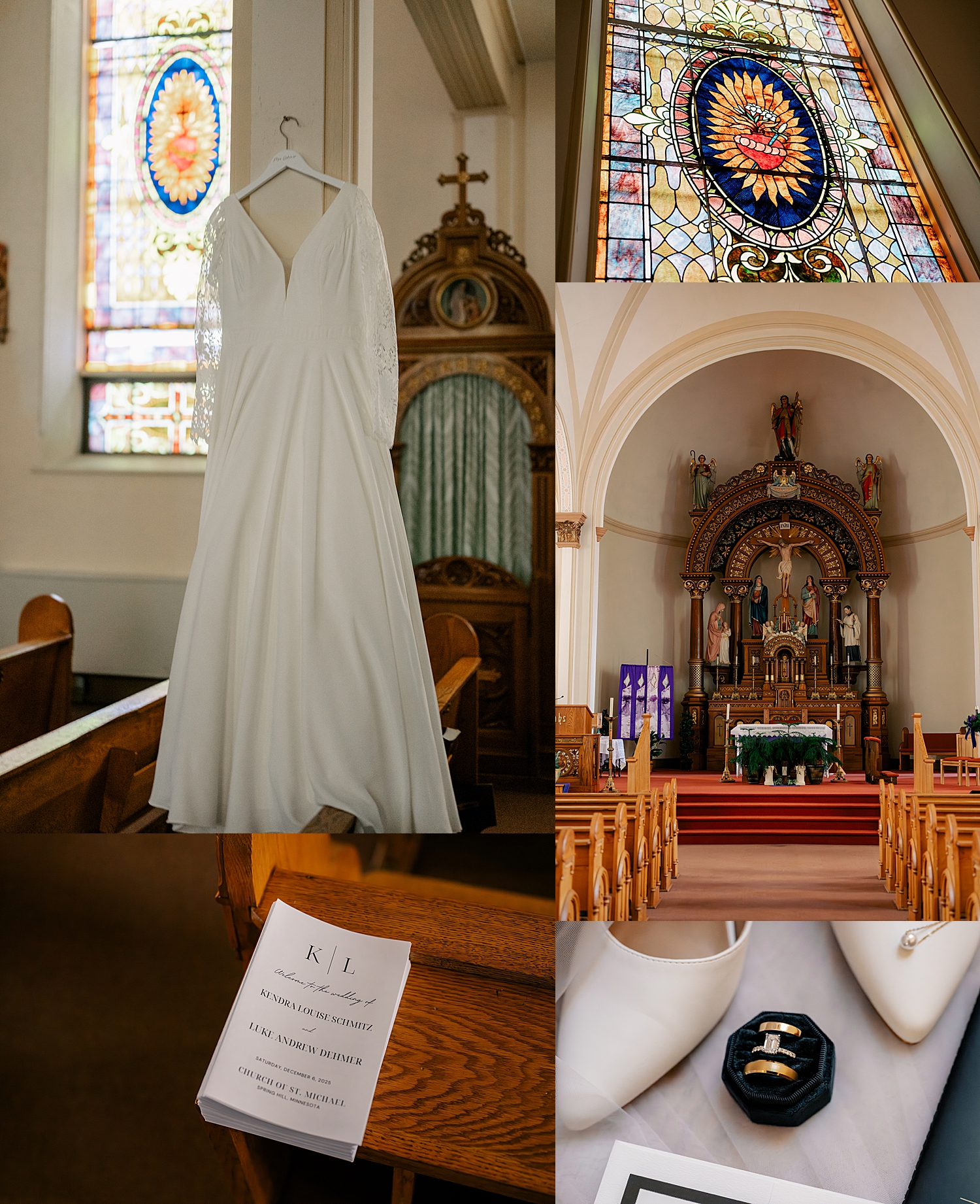 gown hangs near stained glass window for Snowy December Minnesota wedding
