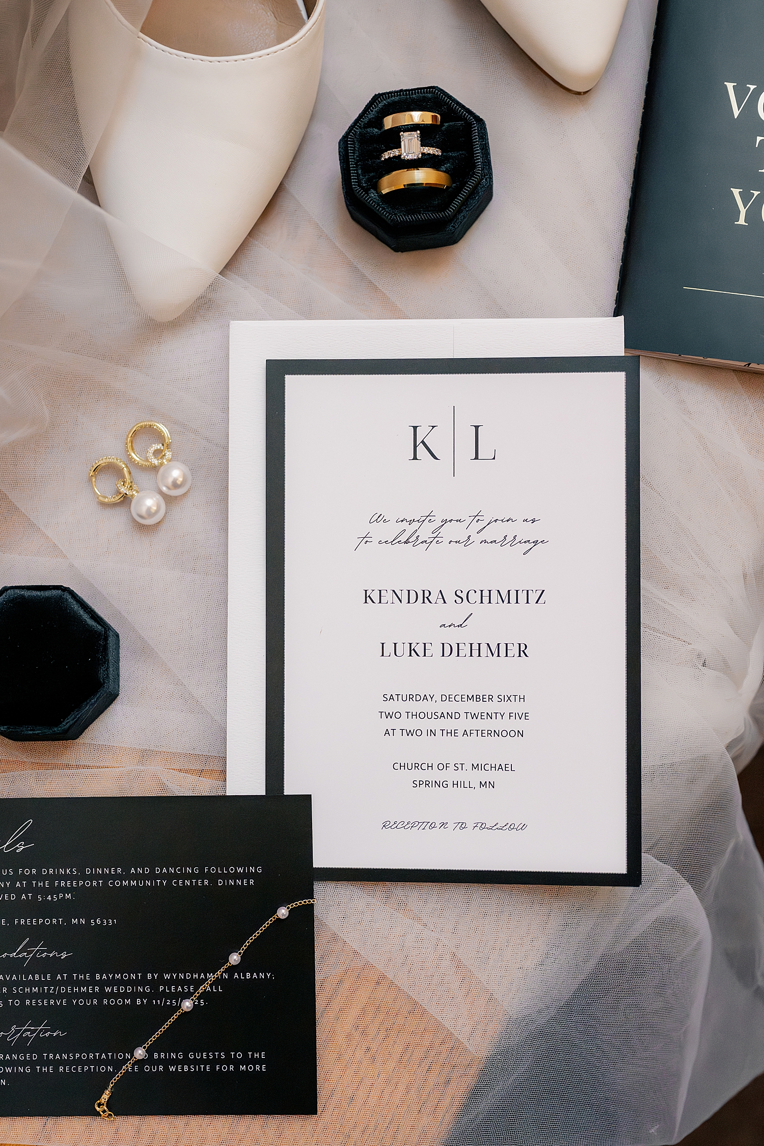 elegant navy and white invitations set on tulle by Midwest photographer