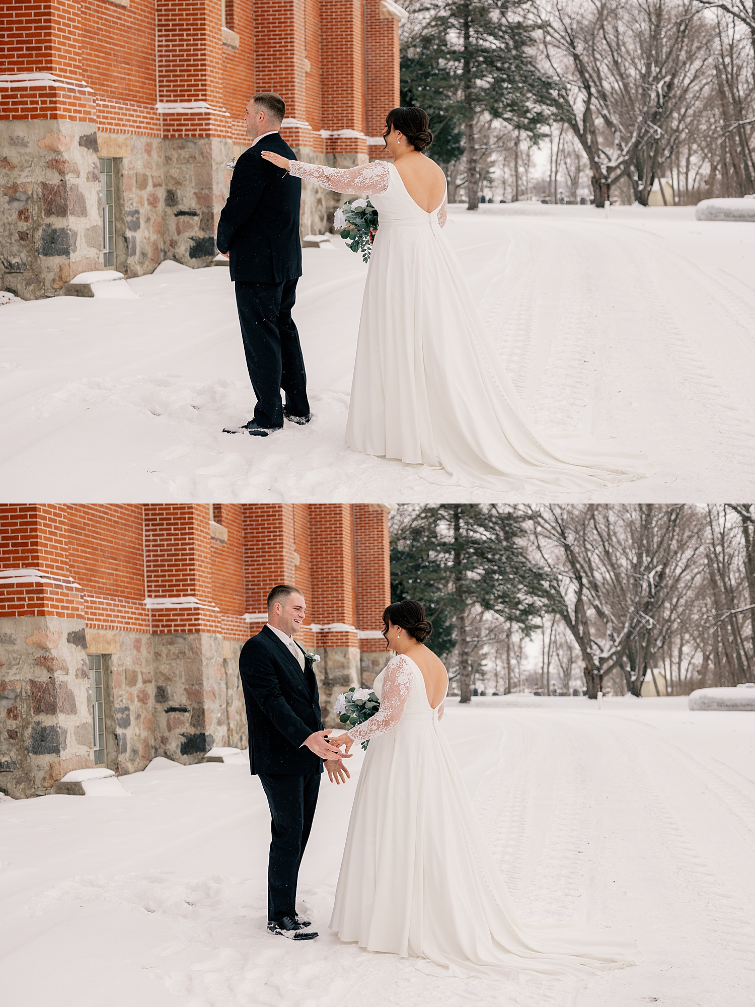 woman approaches man in snow for first look for Snowy December Minnesota wedding