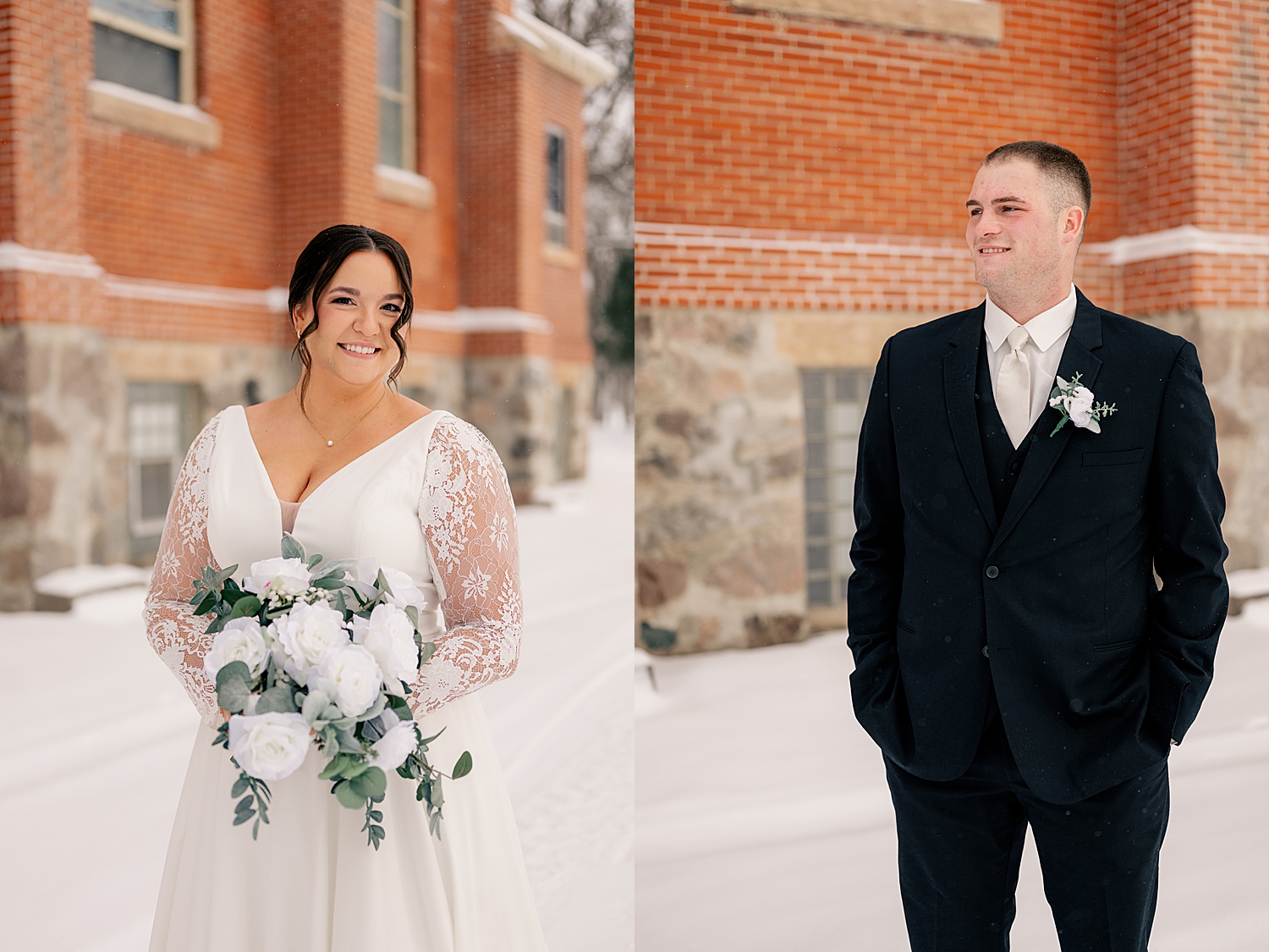 brunette stands in long white gown outside for Snowy December Minnesota wedding