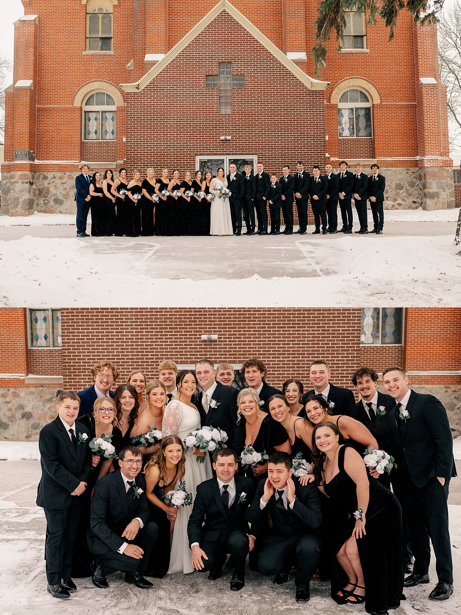 bridal party in all black surround couple outside by Midwest photographer