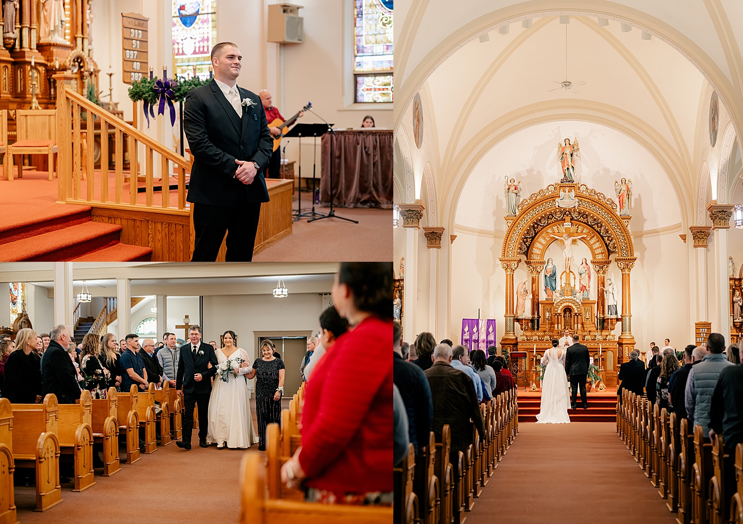 groom waits for his bride walking down the church aisle by Rule Creative Co