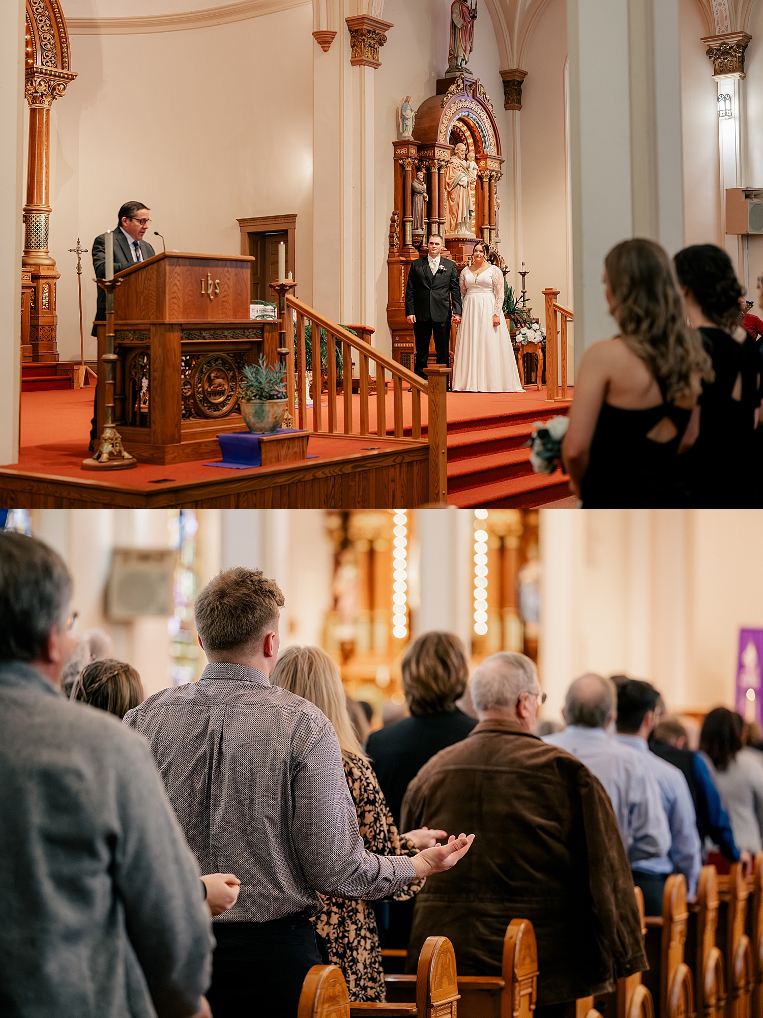 priest gives homily in ceremony for Snowy December Minnesota wedding