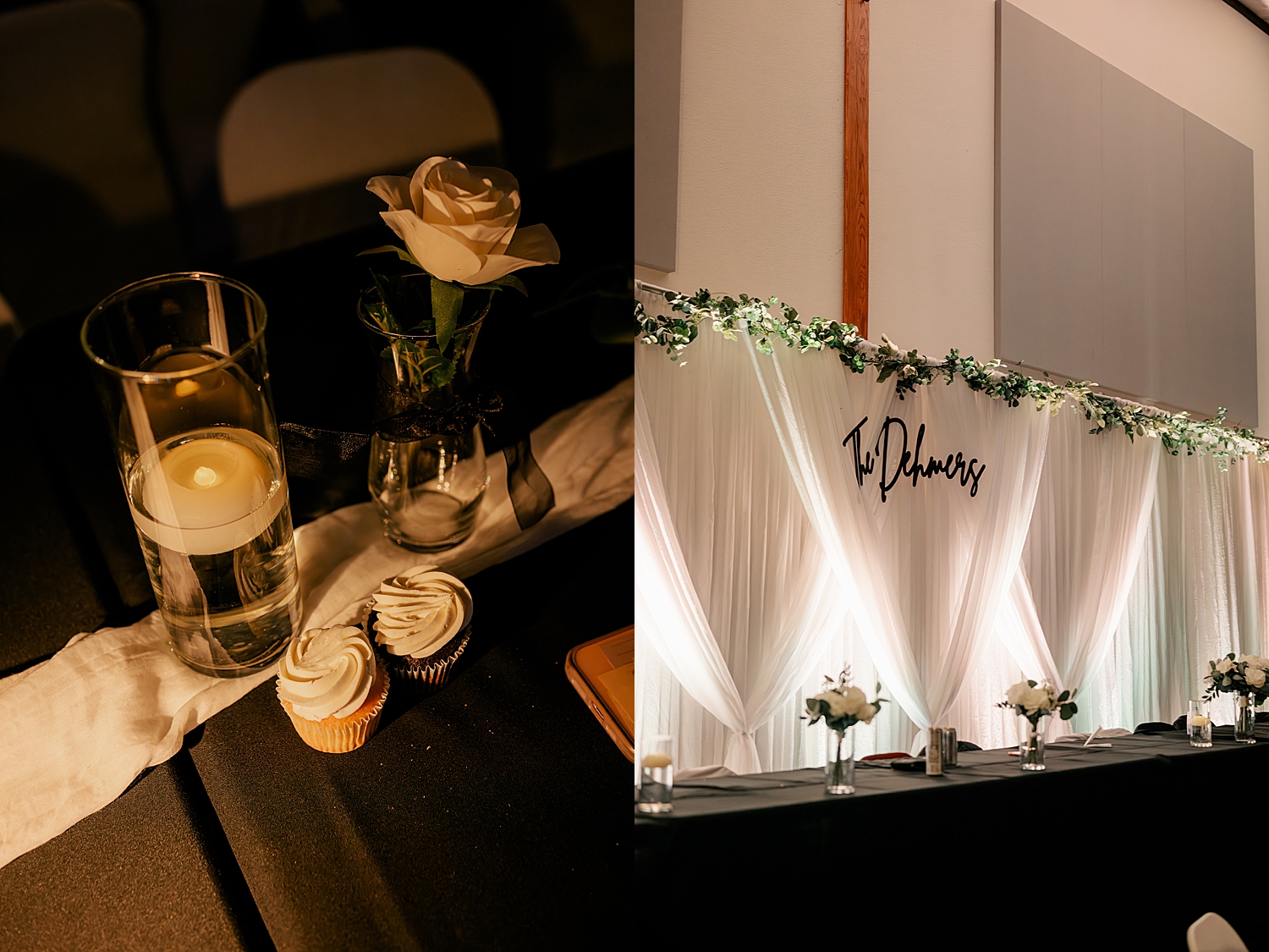 candlelit tables in reception hall for Snowy December Minnesota wedding