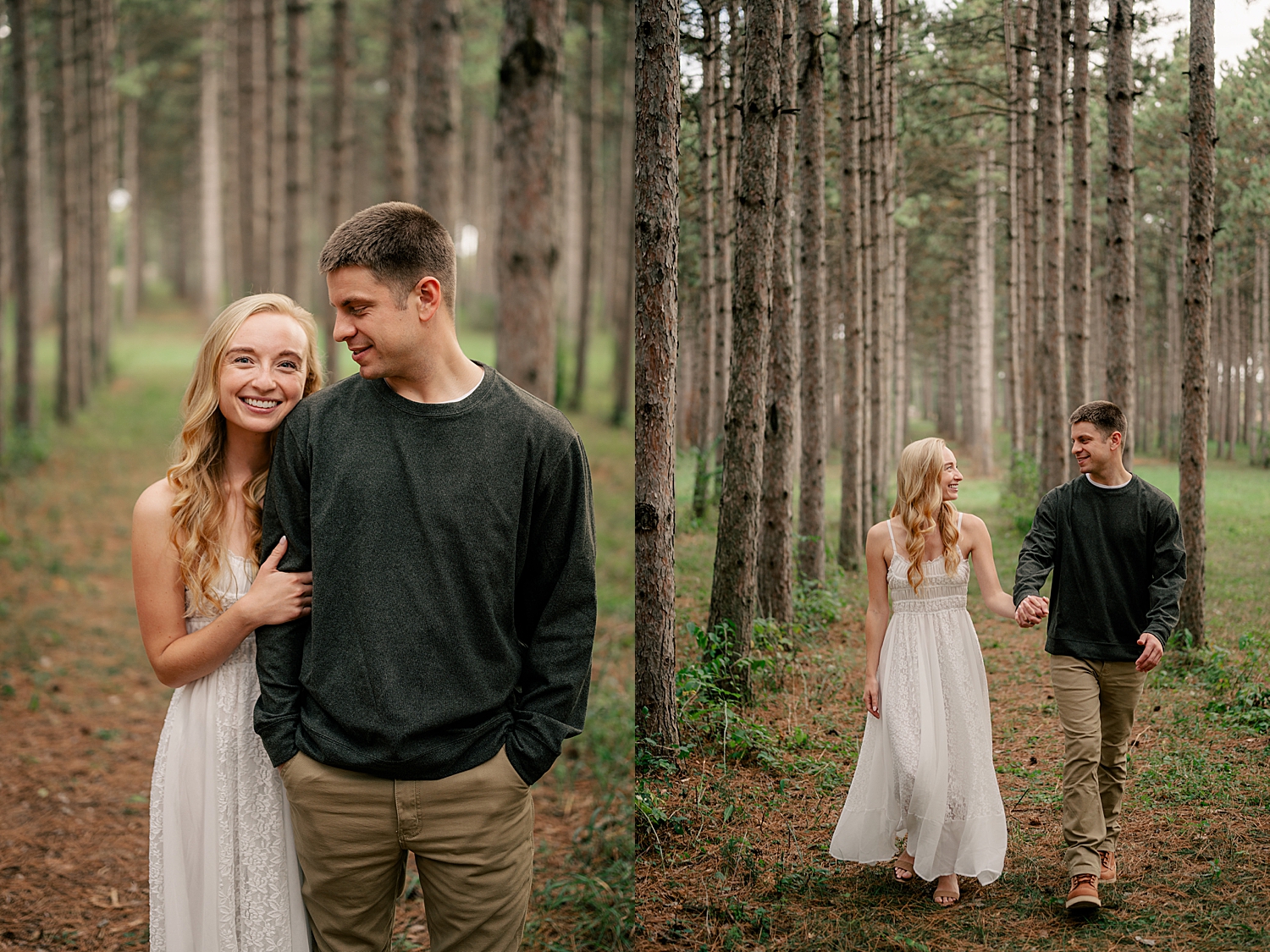 man looks at his woman under trees in Montissippi County Park
