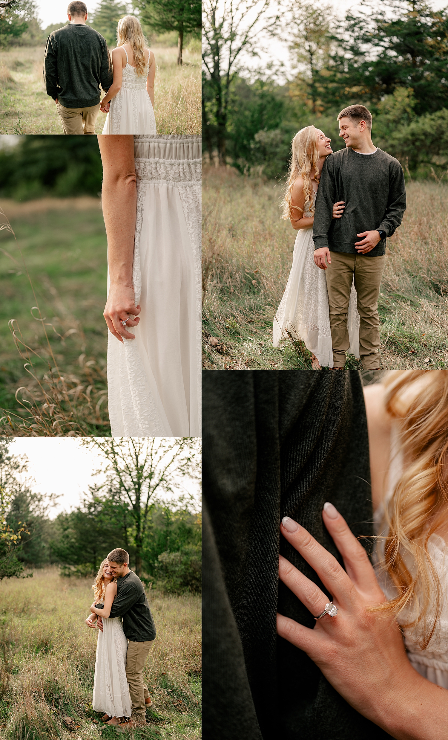 engaged couple snuggles in golden hour at Montissippi County Park