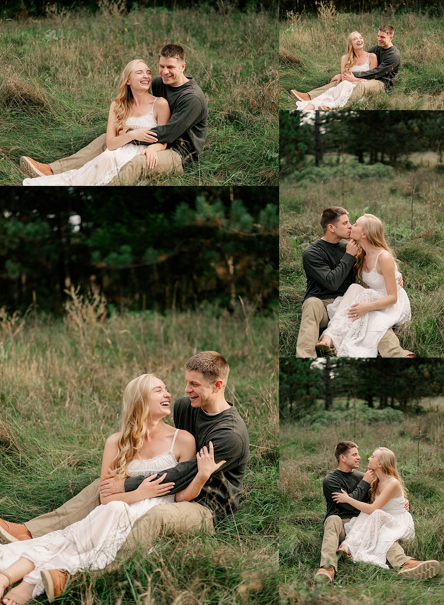 couple sits down together in field by Minnesota wedding photographer