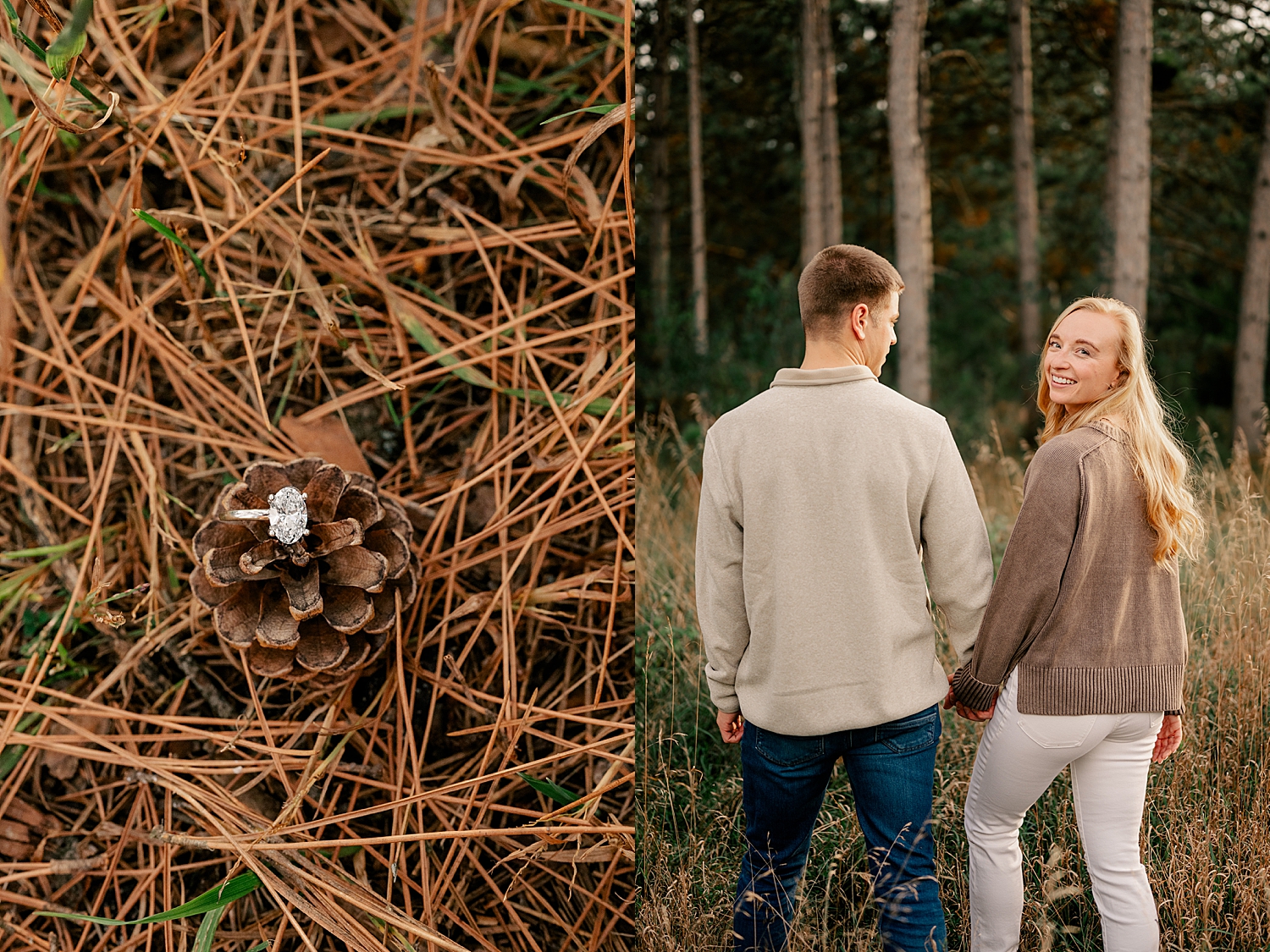 diamond ring sits on pinecone on pine needles by Rule Creative Co