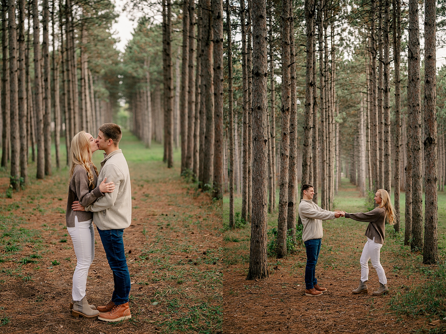 couple dances under tall trees by Minnesota wedding photographer