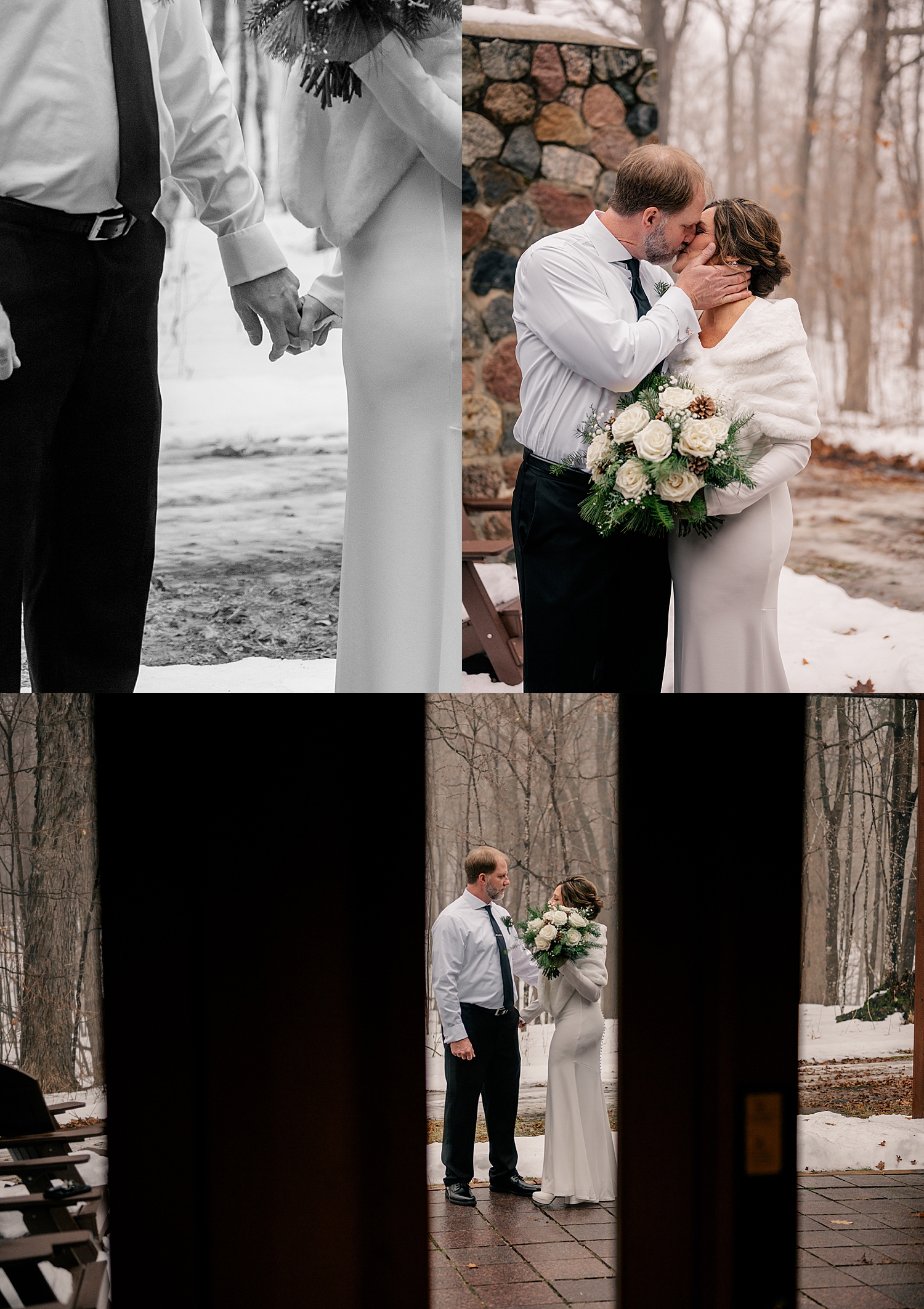 newlyweds share a kiss on snowy patio by Minnesota wedding photographer