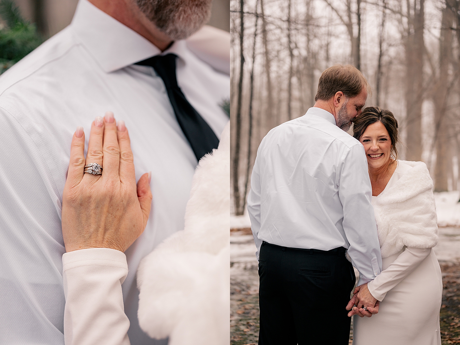 husband and wife embrace under snowy trees by Minnesota wedding photographer