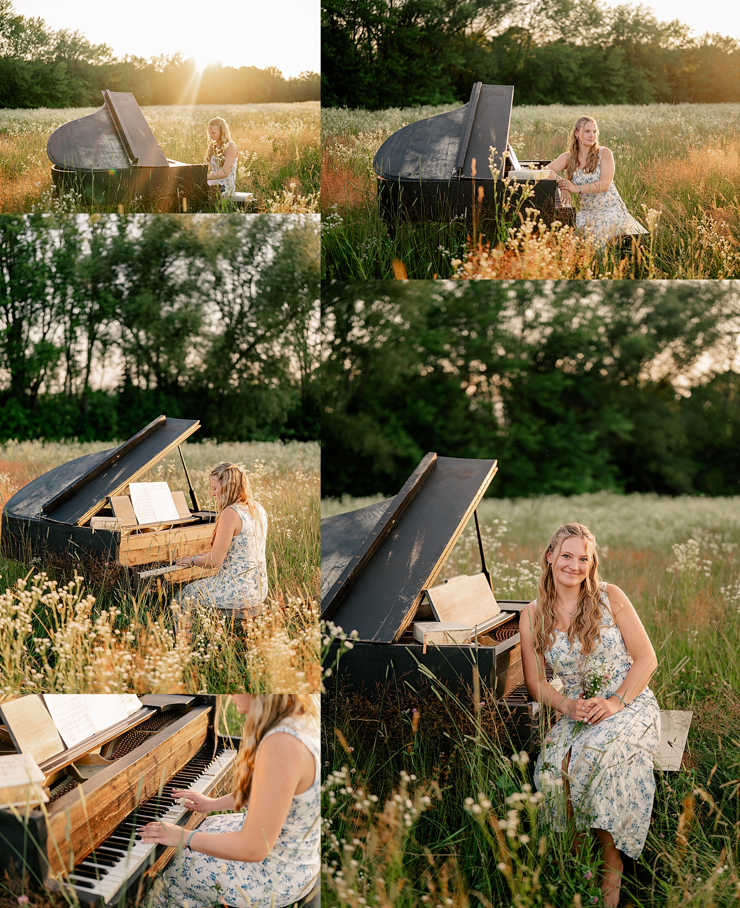 girl sits in field for Senior Photos with a Piano