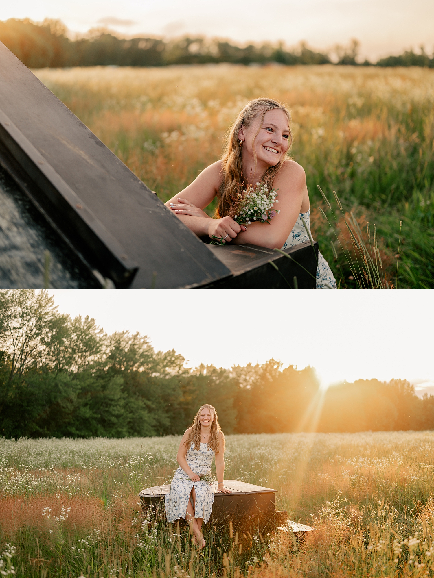 girl holds baby breath flowers and smiles outside by Minnesota family photographer