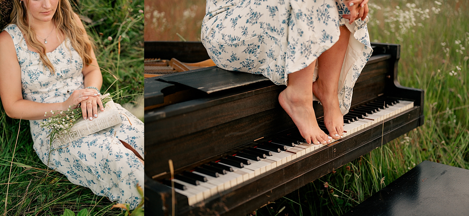 person in white and blue dress sits for Senior Photos with a Piano