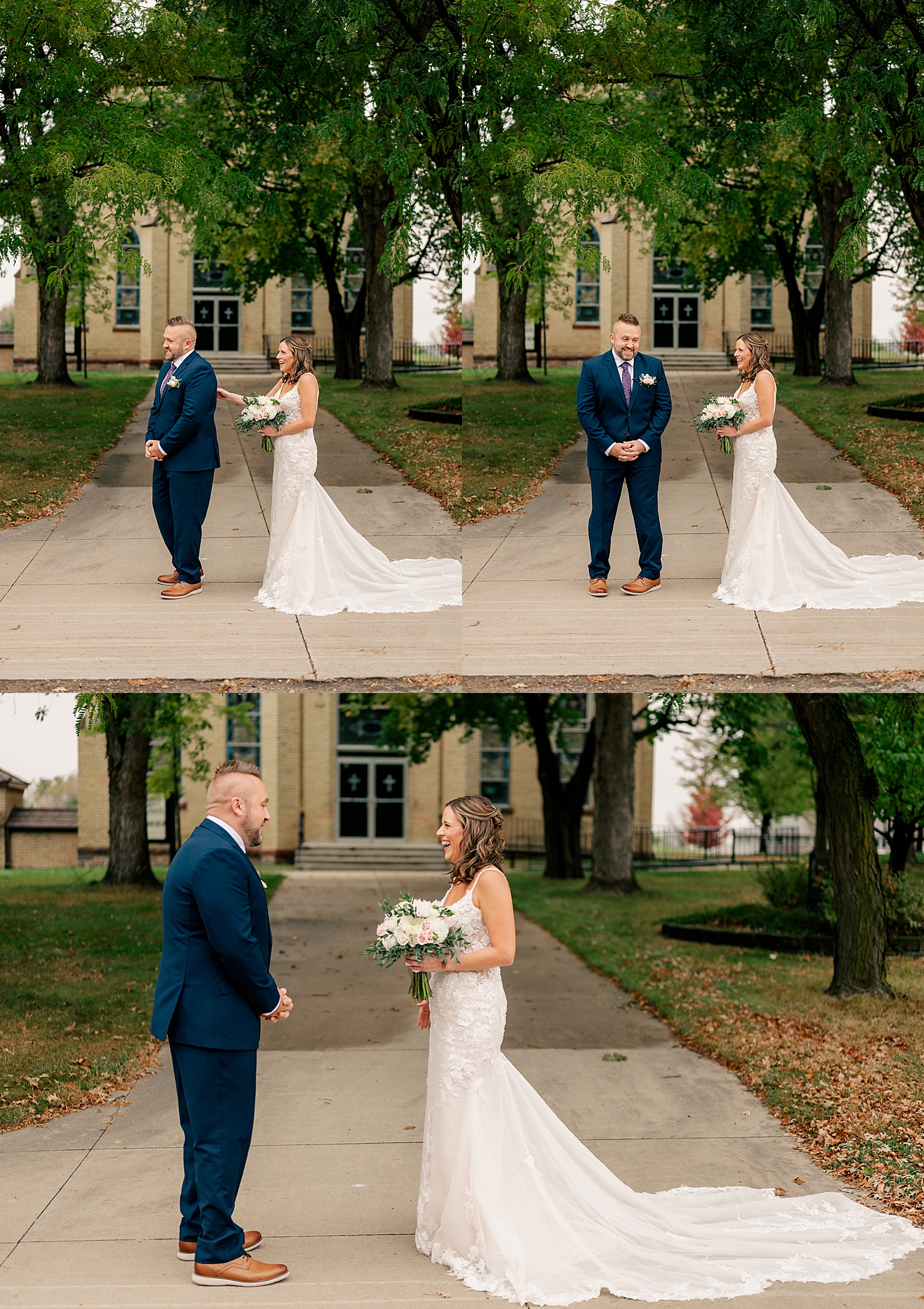 woman approaches man for first look in front of church by Rule Creative Co