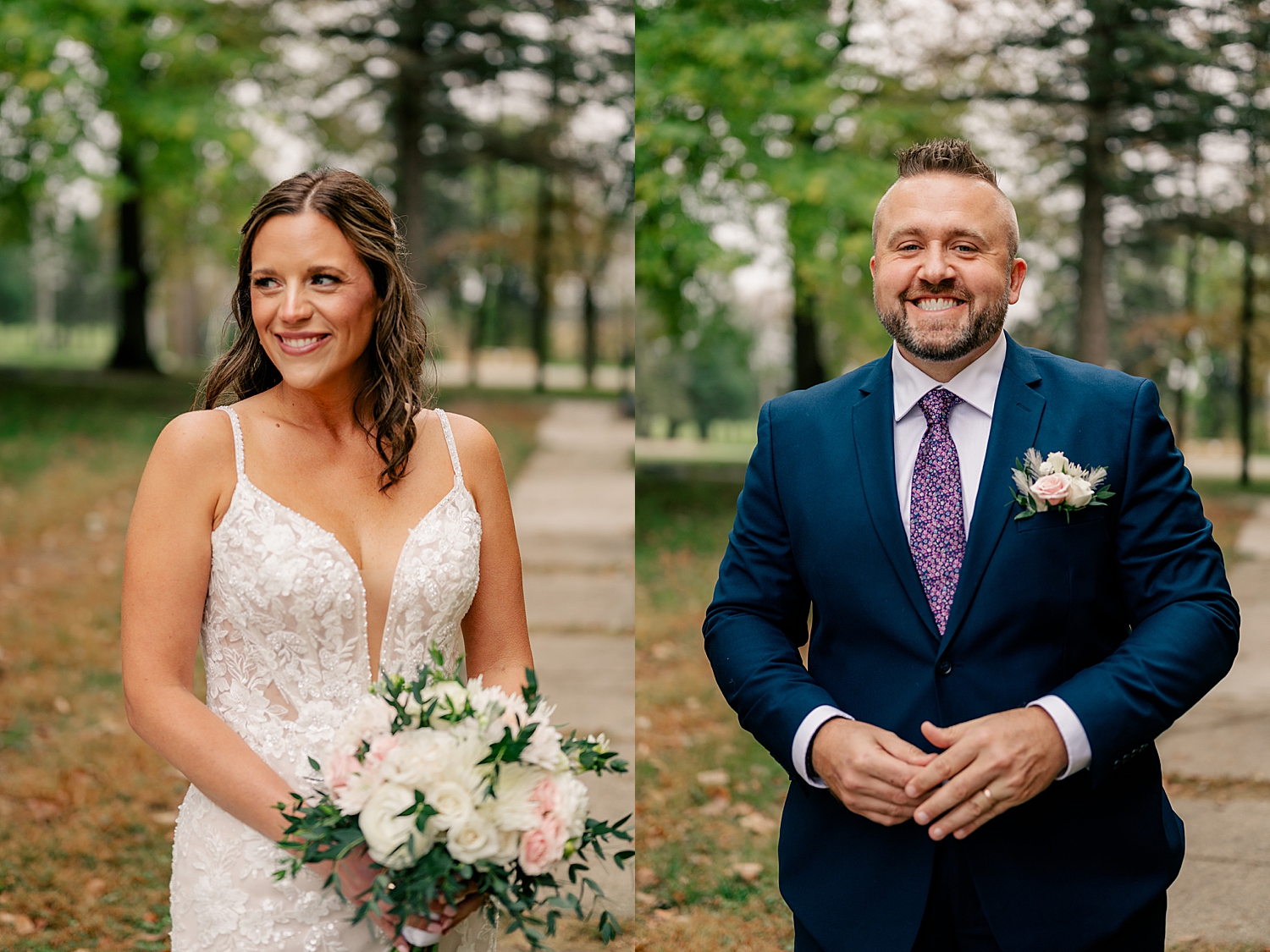 man in navy suit next to woman in white in the Fall foliage by Rule Creative Co