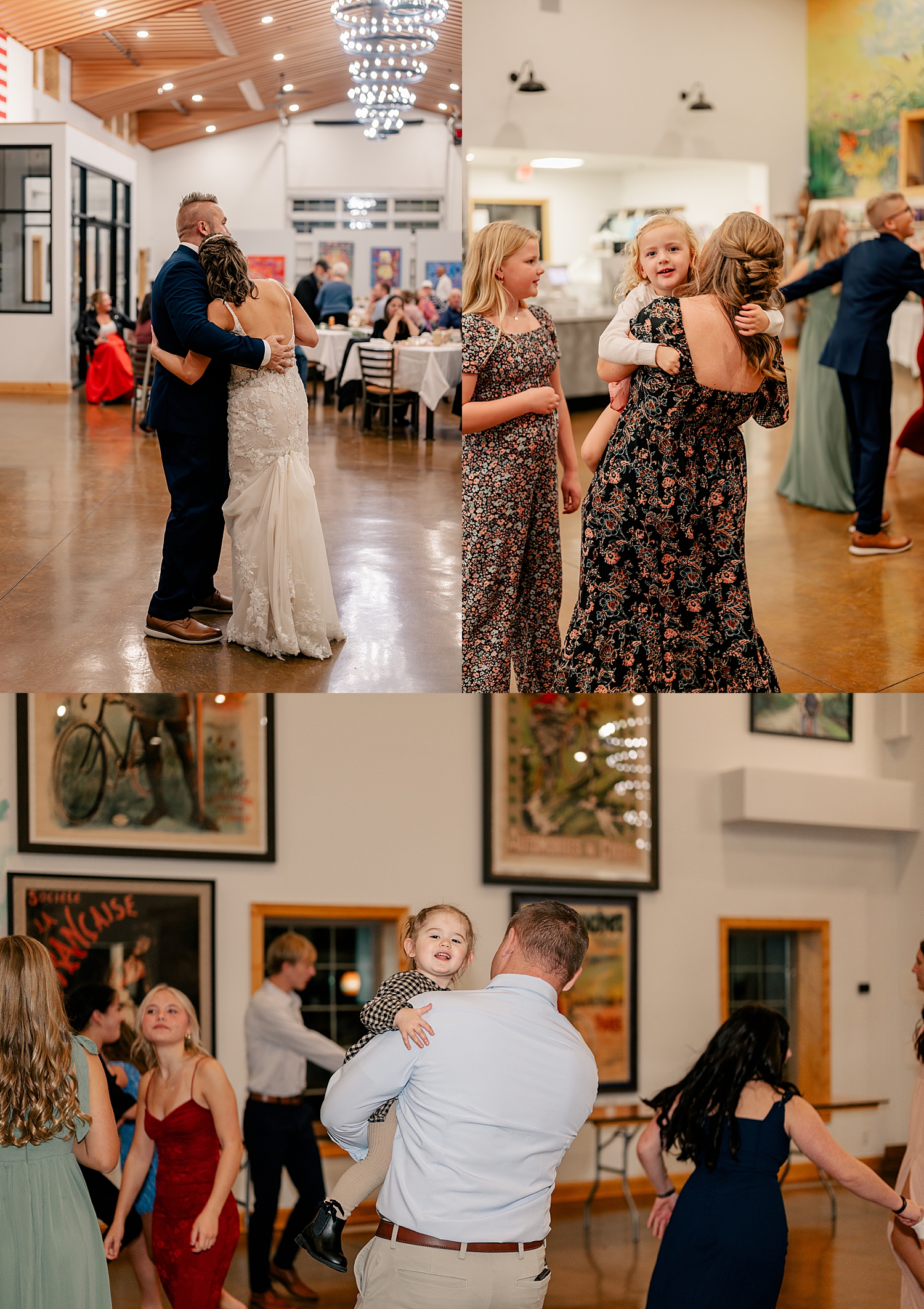 newlyweds dance with guests at reception at Art in Motion