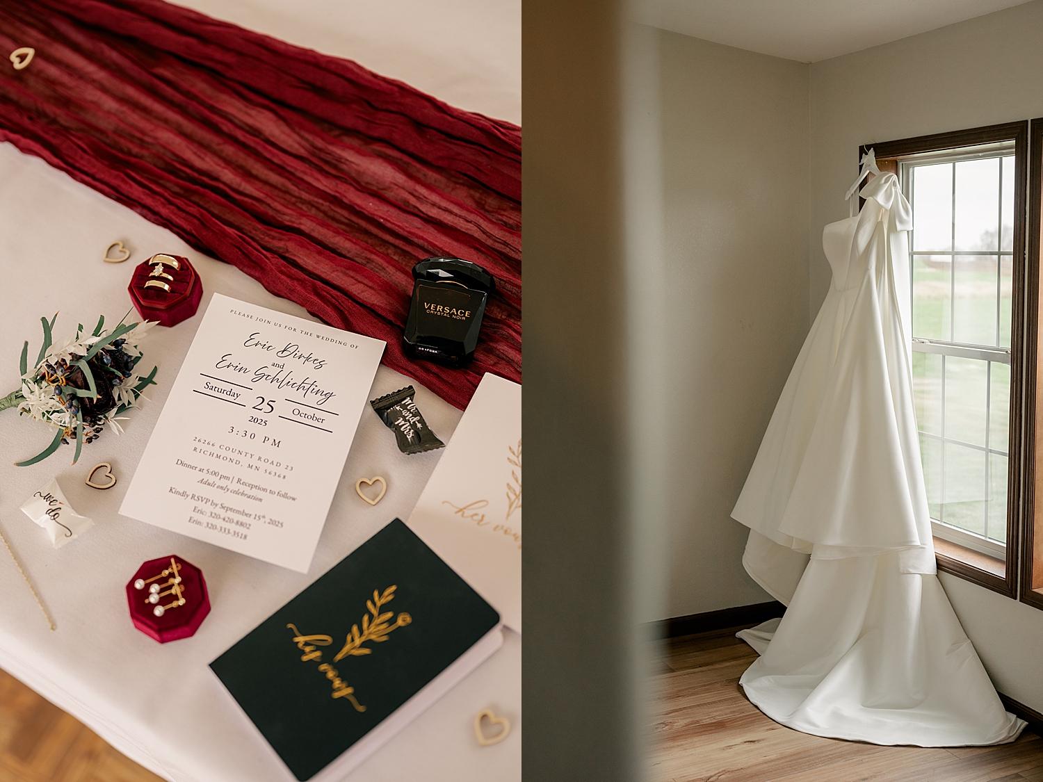 bridal gown hanging from window for outdoor elopement at friend's home