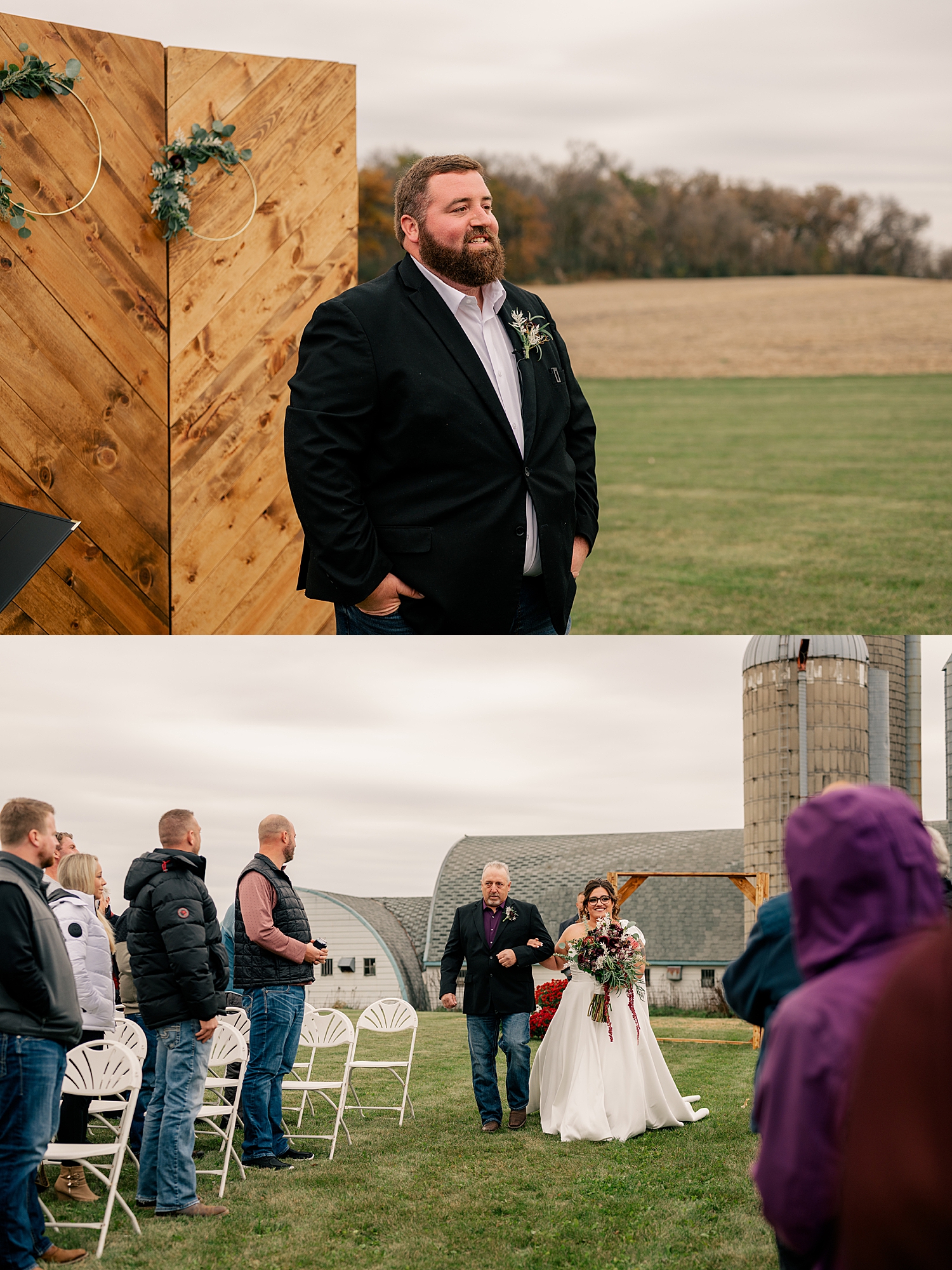 groom watches his bride walk down the aisle for outdoor elopement at friend's home