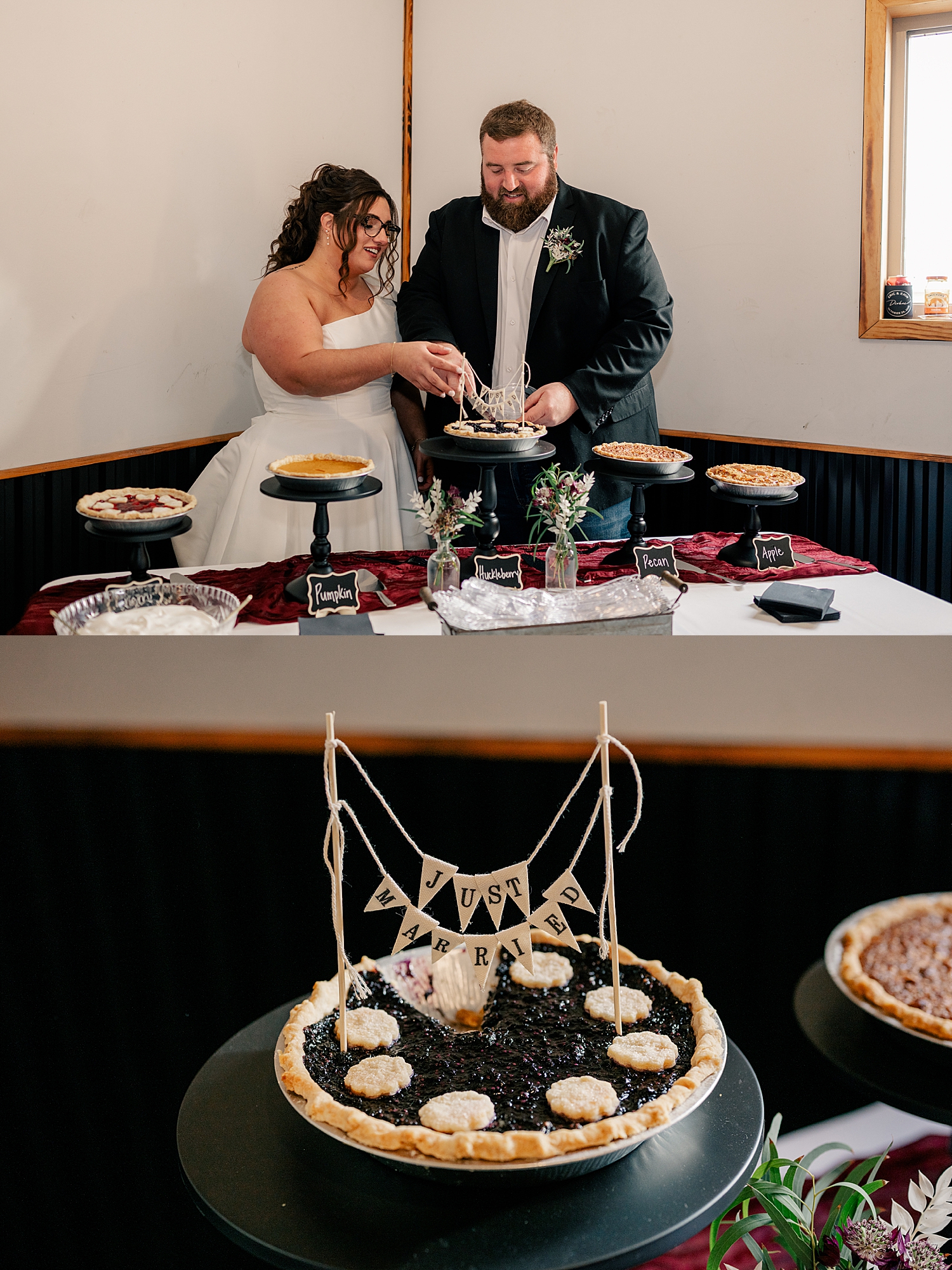 newlyweds cut into a pie together by Minnesota wedding photographer
