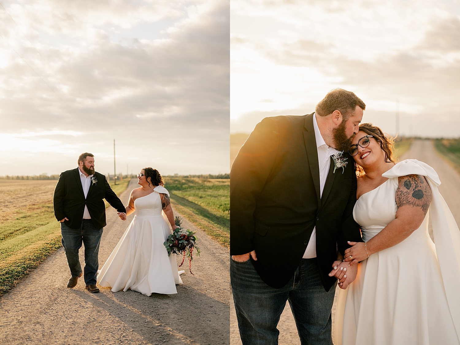 man leans down to kiss his new wife at golden hour by Minnesota wedding photographer