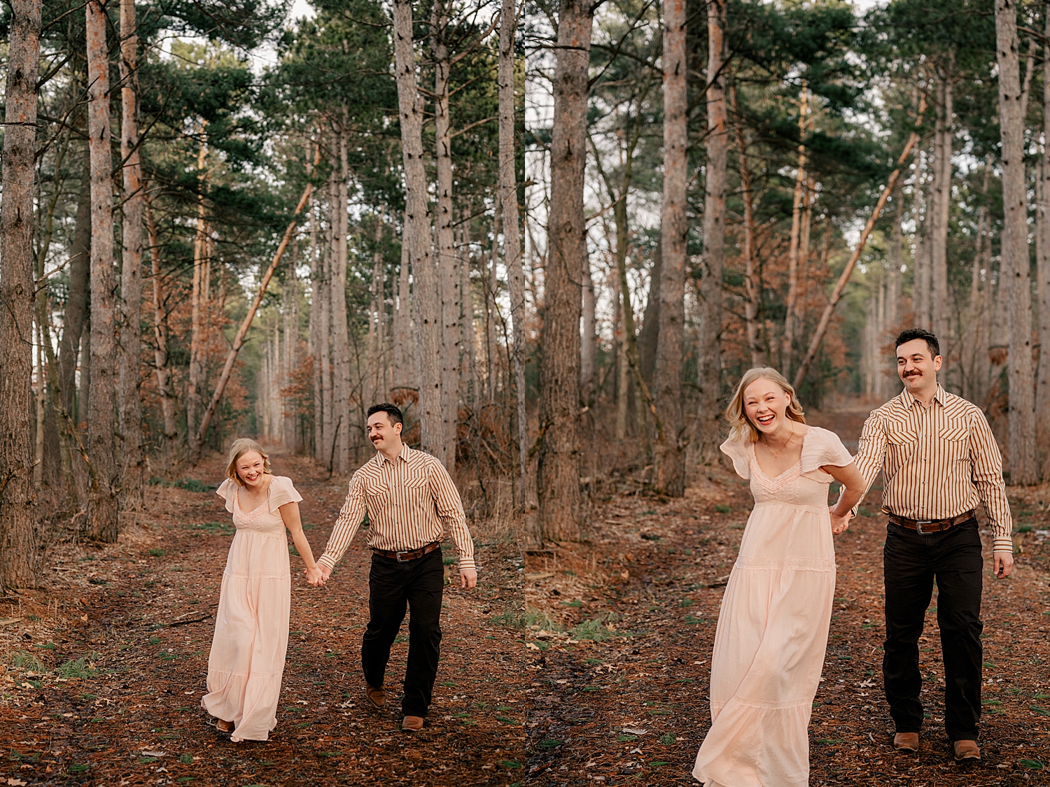 man and woman run through bend in the river regional park for playful engagement photos