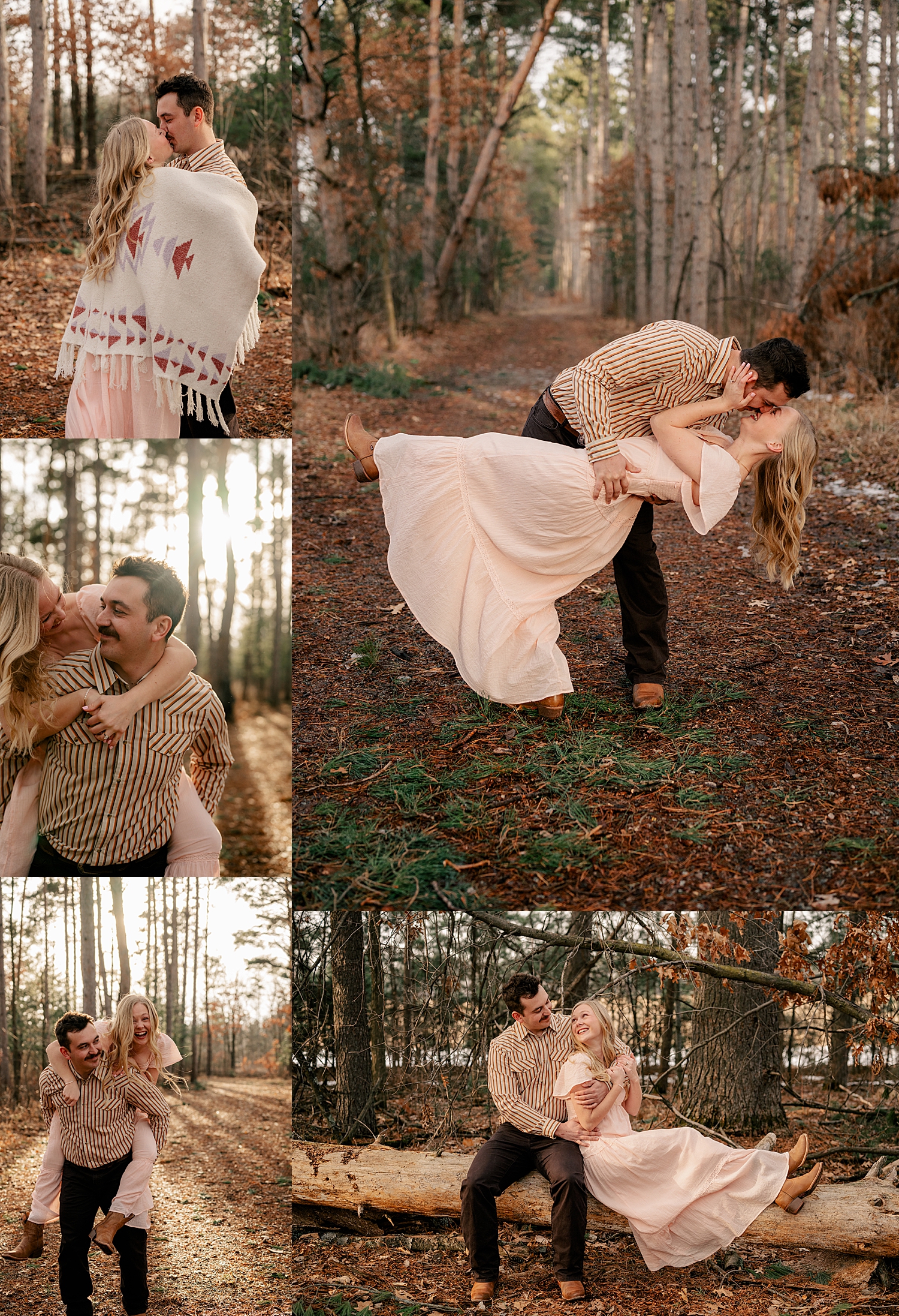 man dips woman in pink dress in a forest by Minnesota wedding photographer
