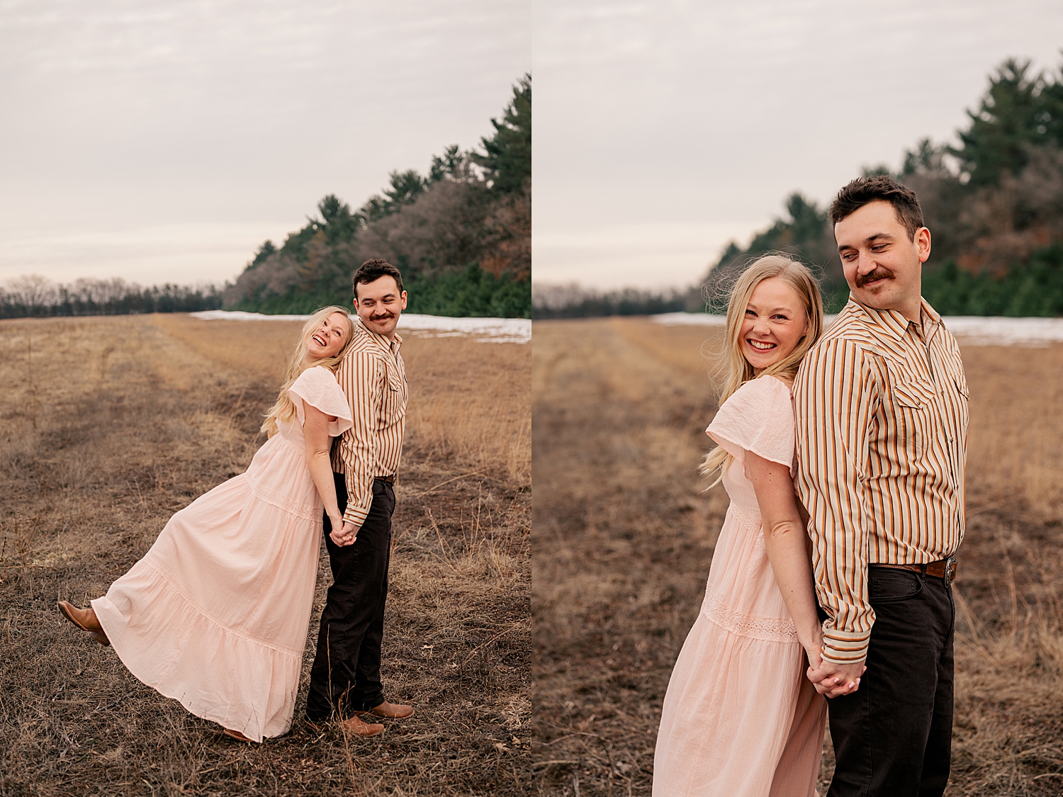 woman in pink dress stands with man in striped shirt by Minnesota wedding photographer