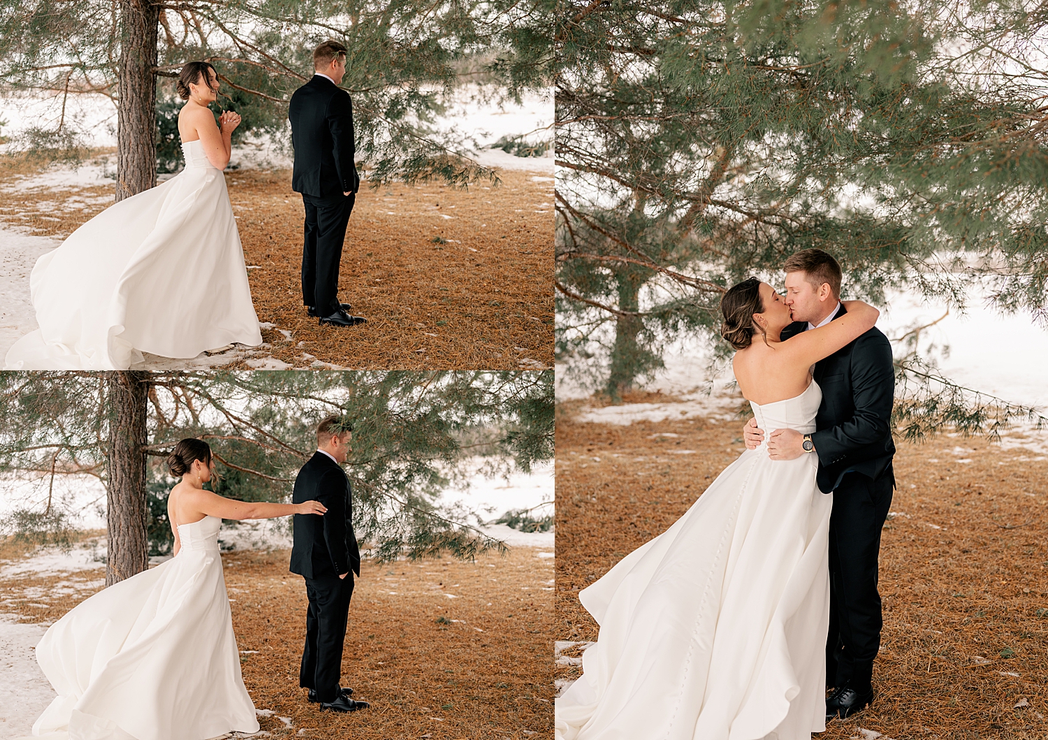 woman approaches man outside for first look at Wintry Minnesota Wedding