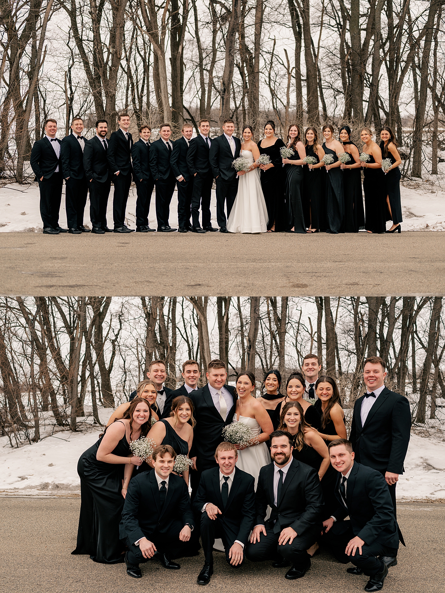 bridal party wearing all black surround newlyweds by MN elopement photographer