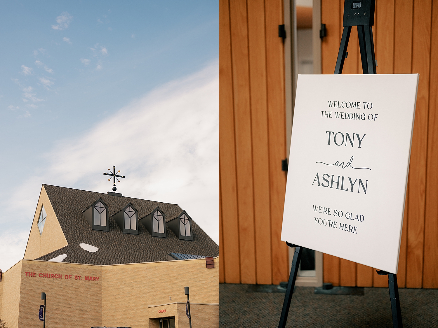 St. Mary's Catholic Church holds sign for big day by MN elopement photographer