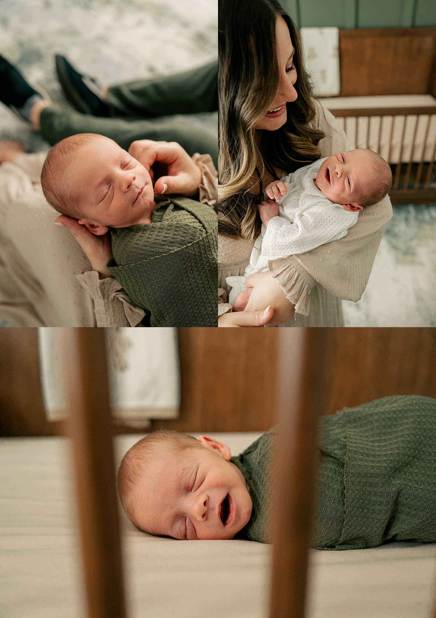 mother holds new baby near crib for in-home session