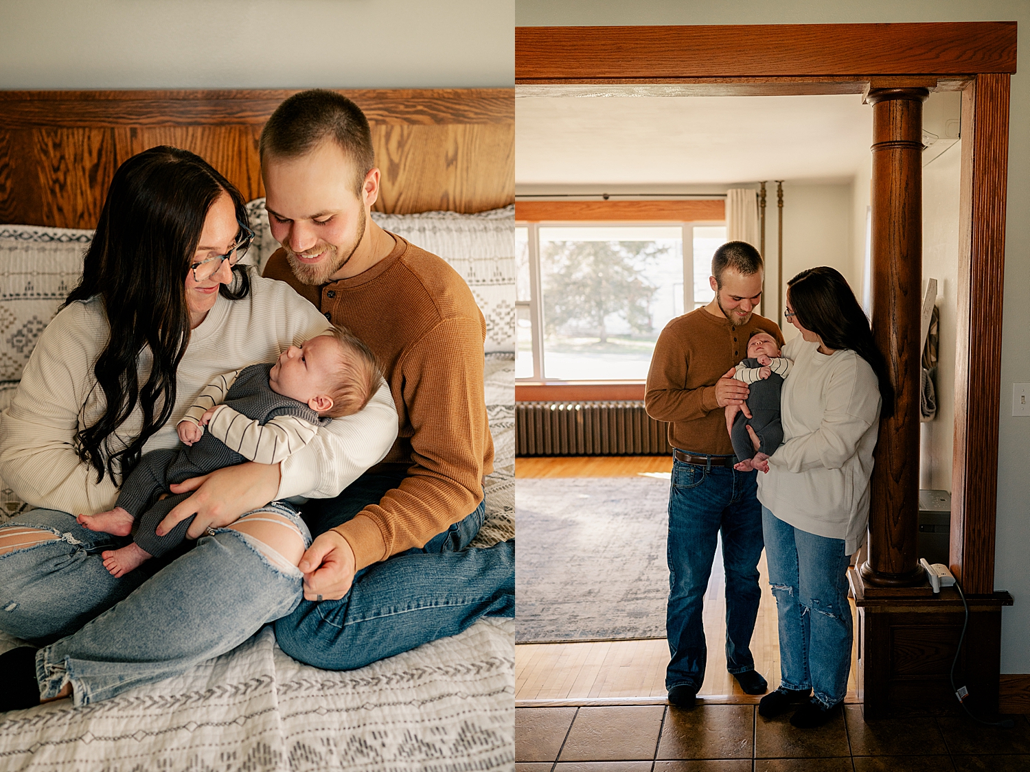 mother and father stand in entrance to living room with infant for in-home session
