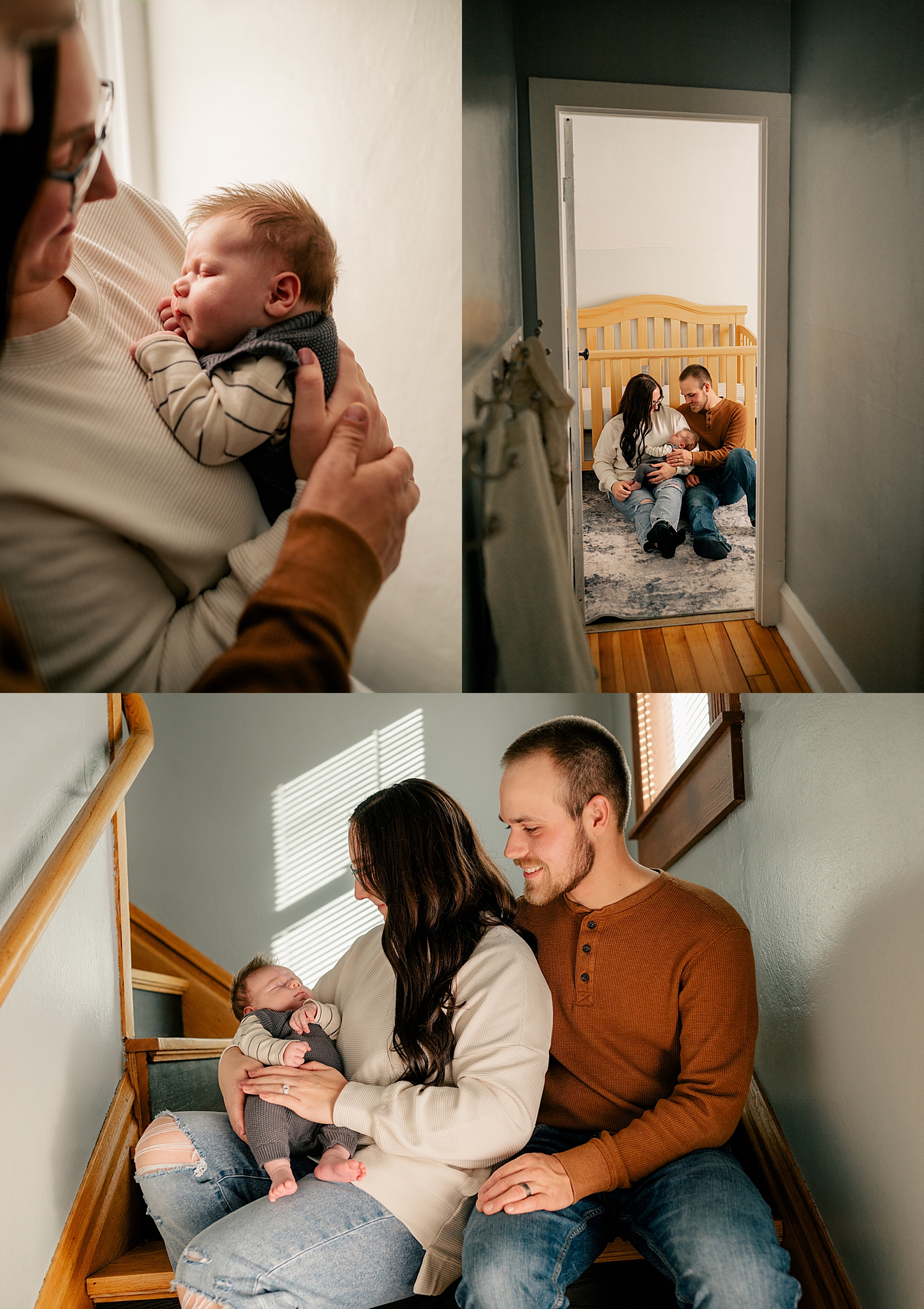 parents sit on staircase in their house with infant by Rule Creative Co