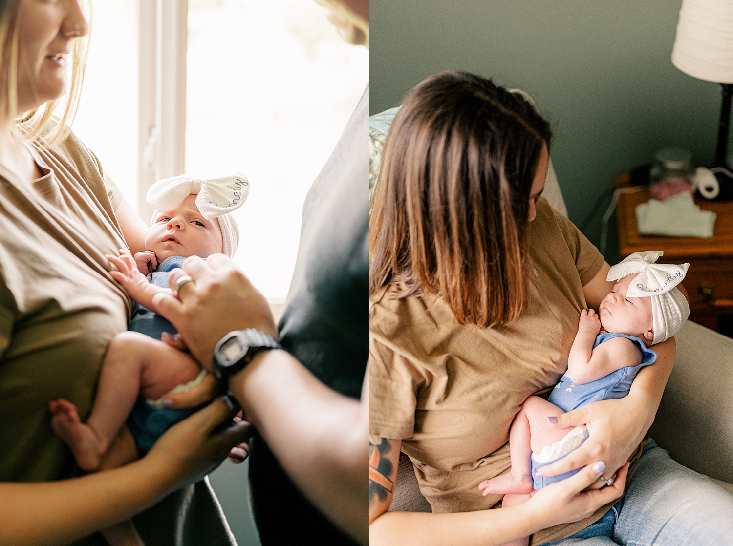 family snuggles new baby by a window for in-home session